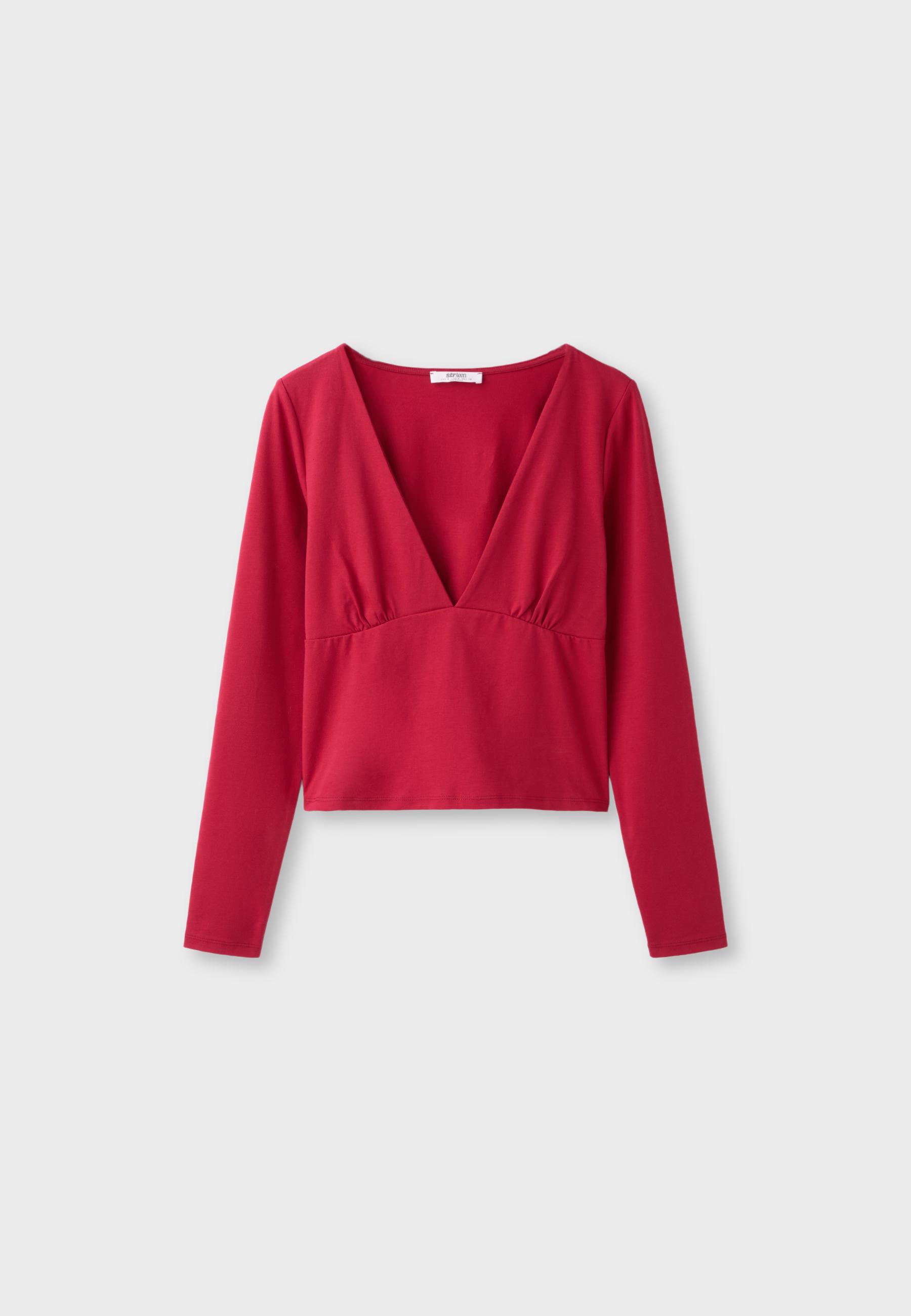 Under-bust cut long sleeve T-shirt — Red