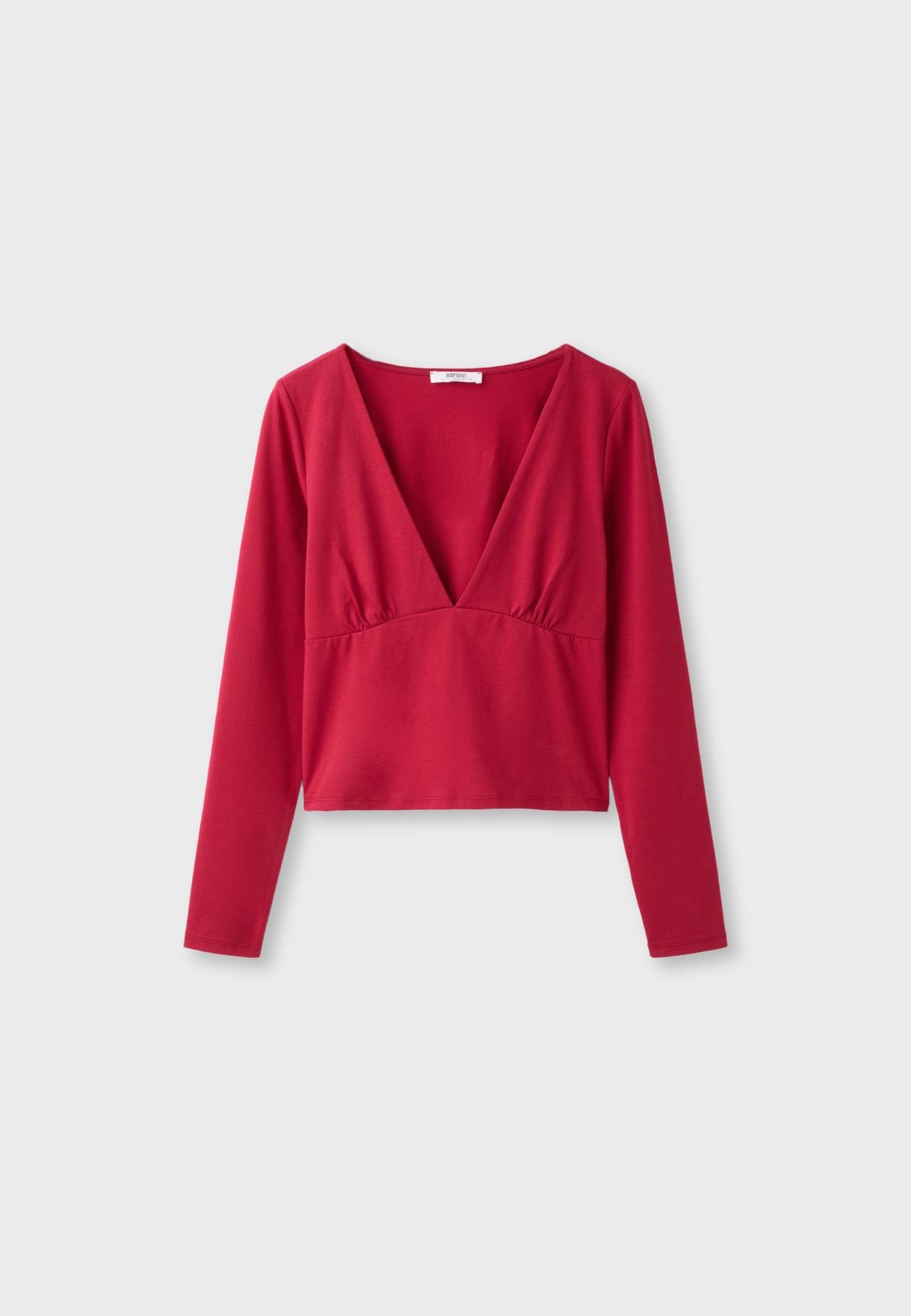 Long sleeve under-bust seam T-shirt — Red
