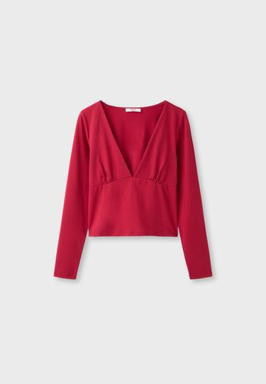 Long sleeve under-bust seam T-shirt — Red 7