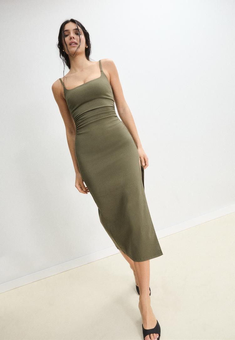 vestido midi bengalina escote cuadrado