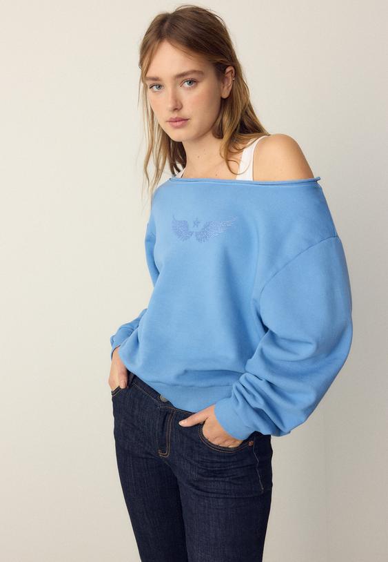 payetli kanatl kayk yaka sweatshirt