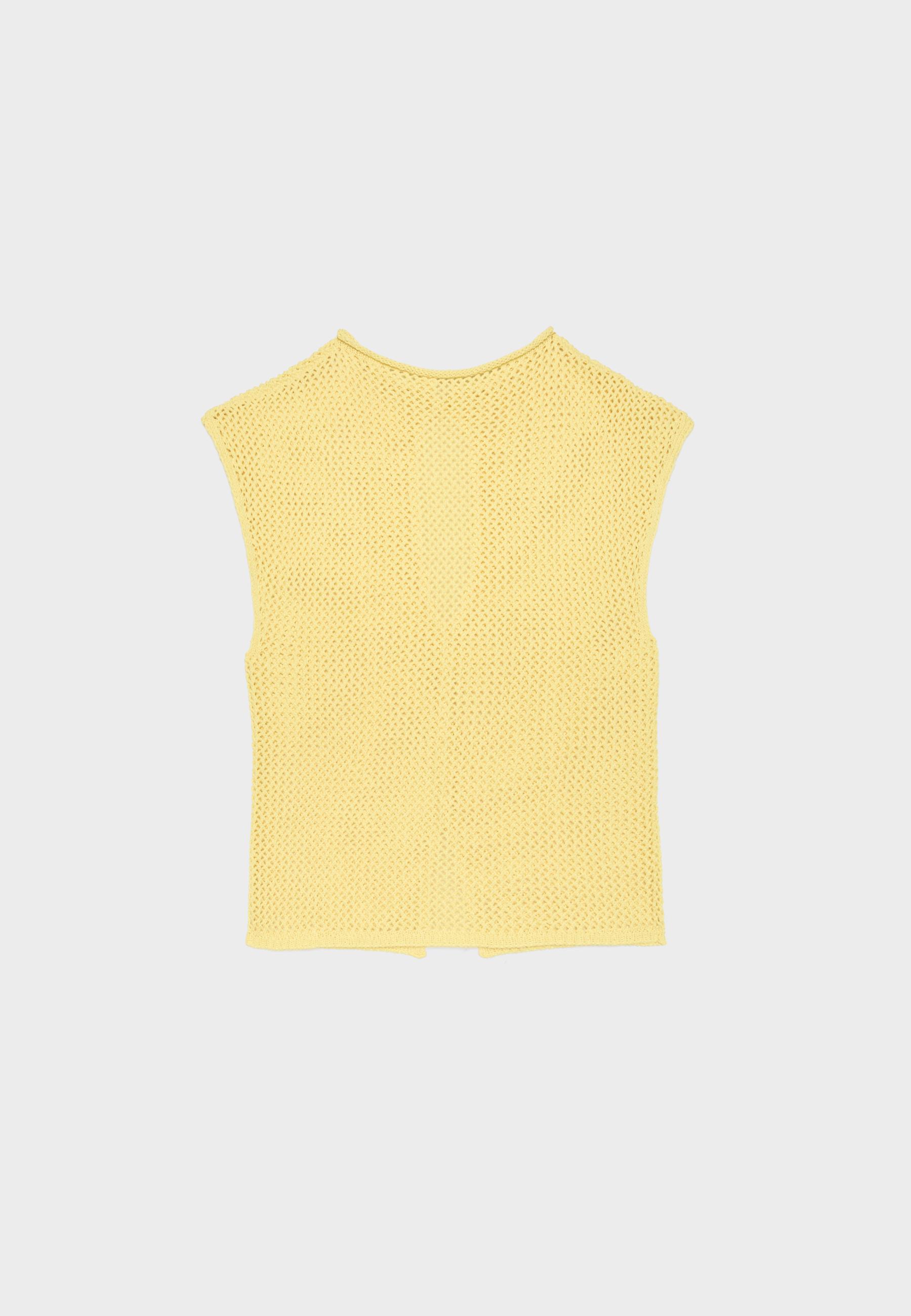 Cutwork split-neck knit top — Pastel yellow