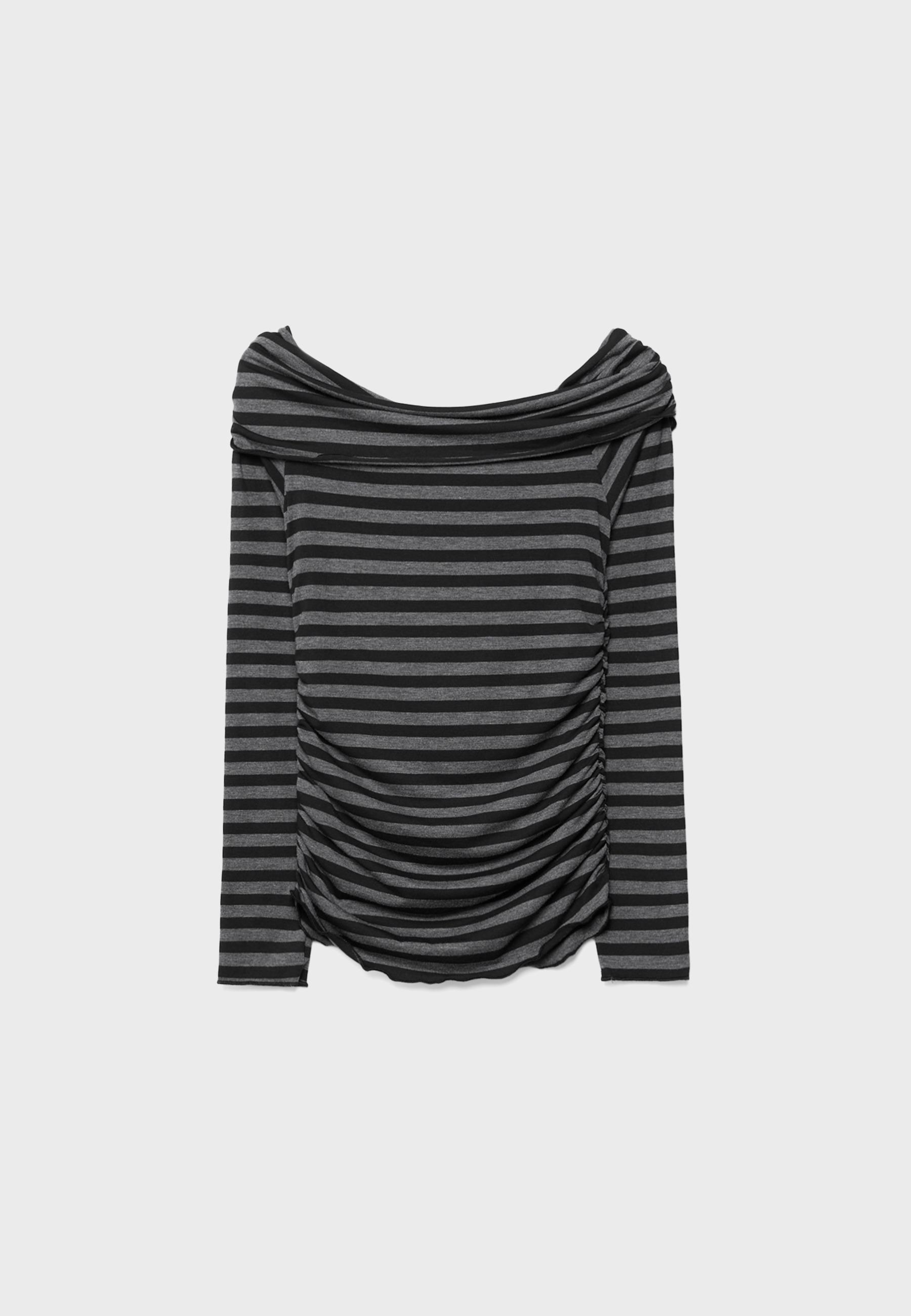 Striped Gathered Cold Shoulder T-shirt — Dark grey