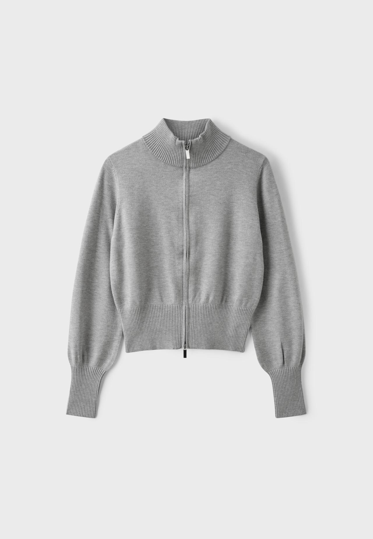 Fitted zip-up knit cardigan — Grey melange