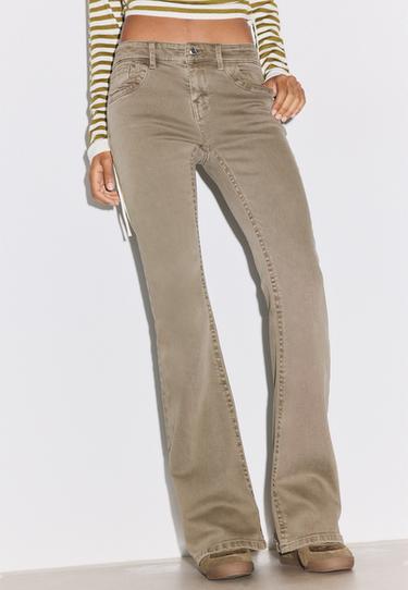 Embroidered pocket bell bottom jeans — Khaki 3