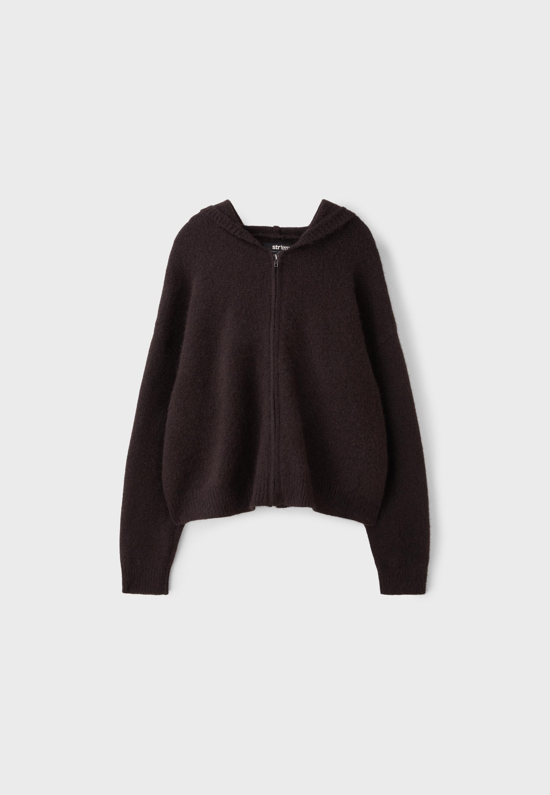 Zipped hooded knit cardigan — Brown