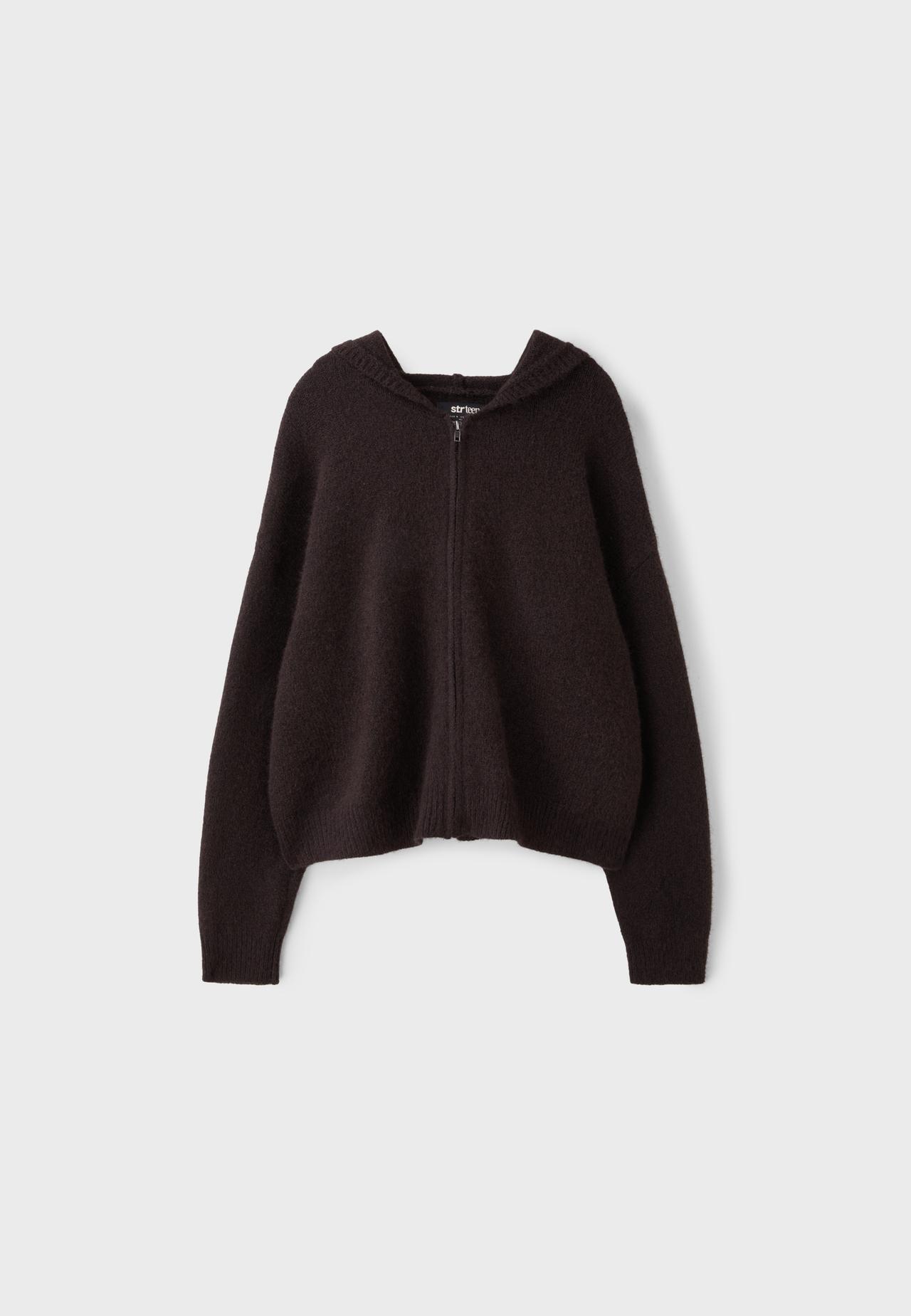 Hooded zip knit cardigan — Brown