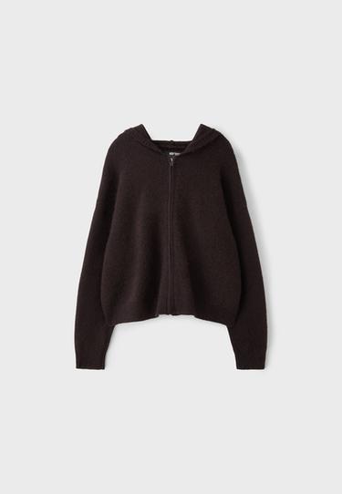 Hooded zip knit cardigan — Brown 7