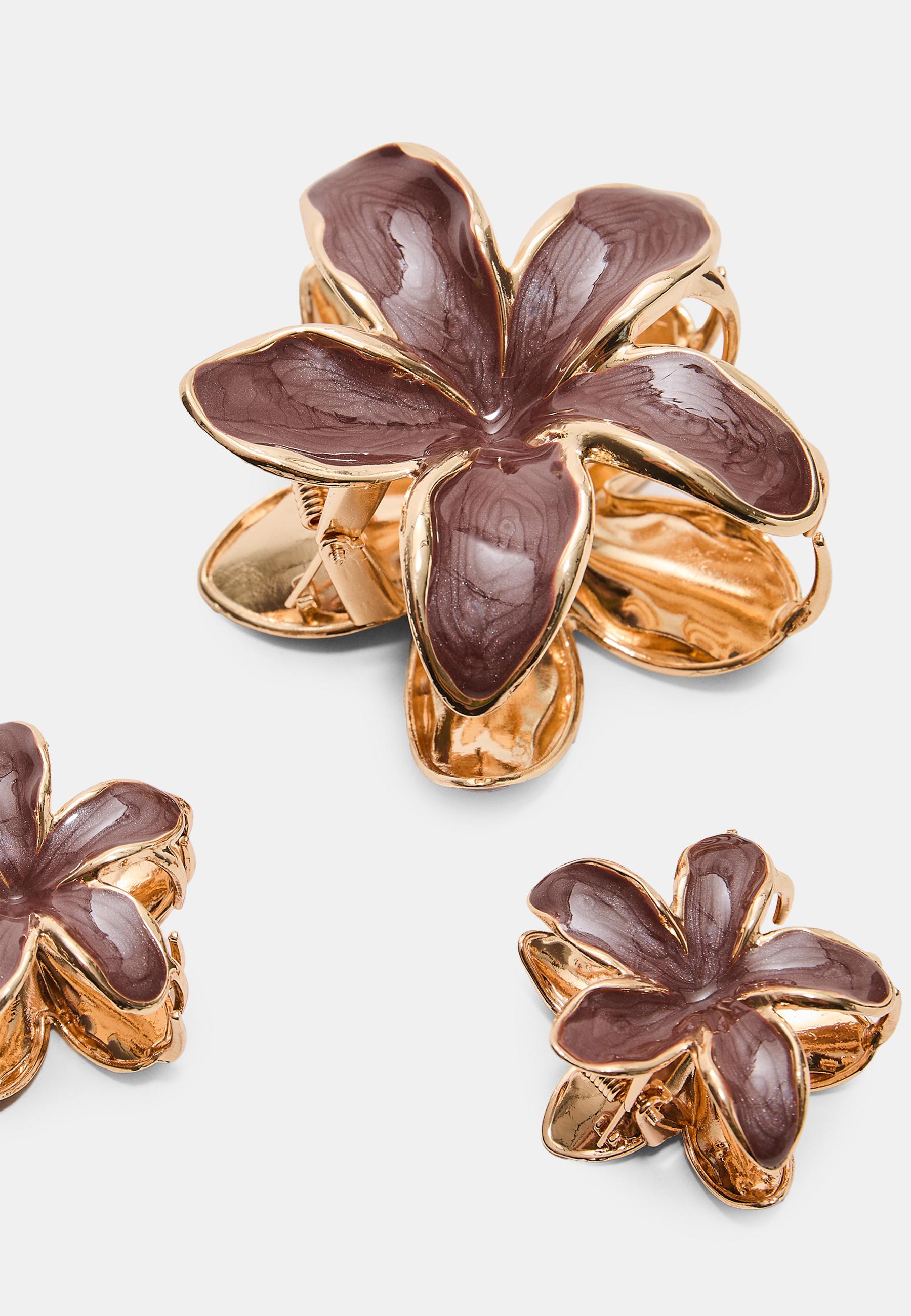 Pack of 3 floral hair clips — Brown