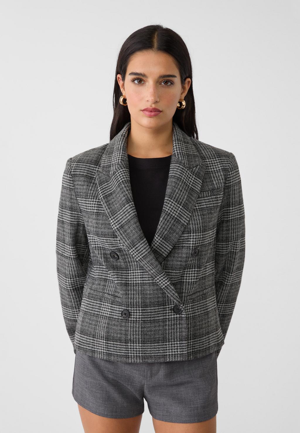 Cropped double-breasted check blazer