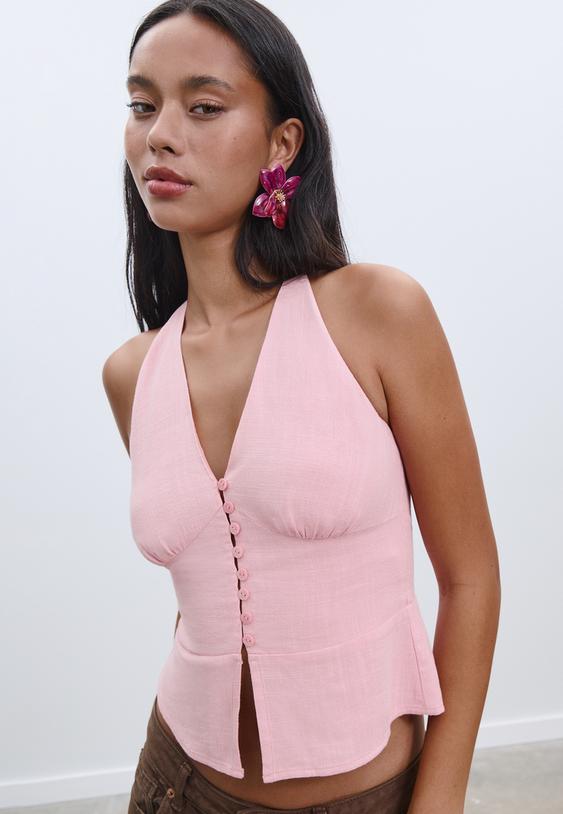 halter neck button up top with linen effect