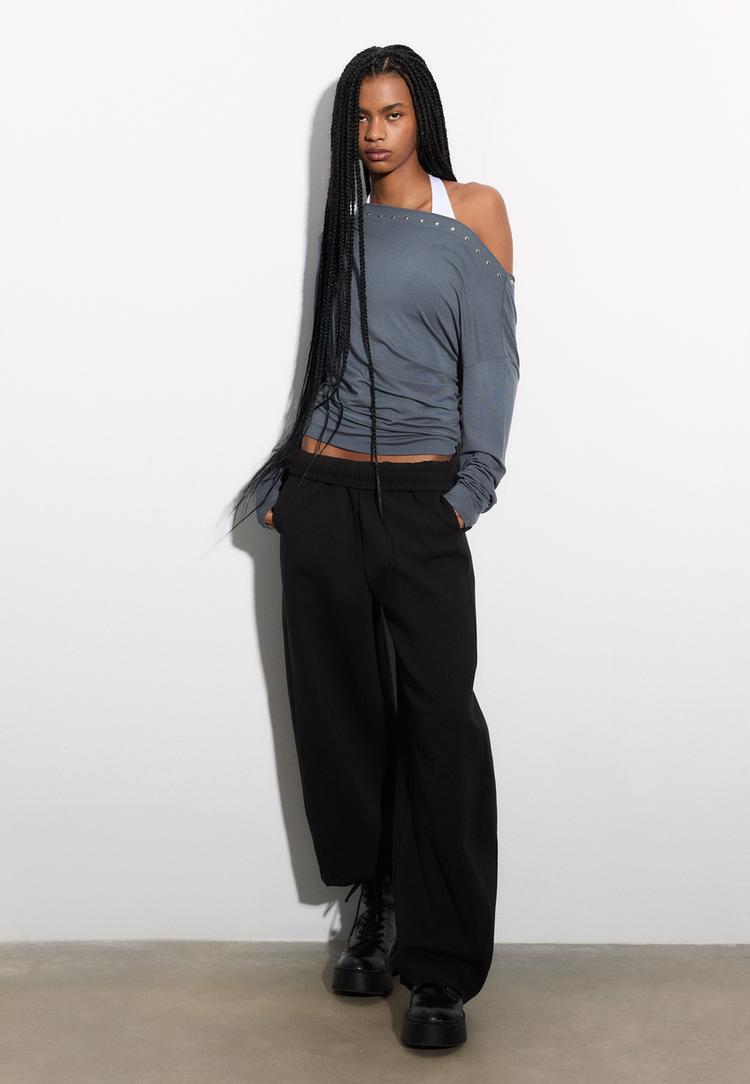 Stradivarius Asymetrické Tričko S Cvočkami Dark Grey M