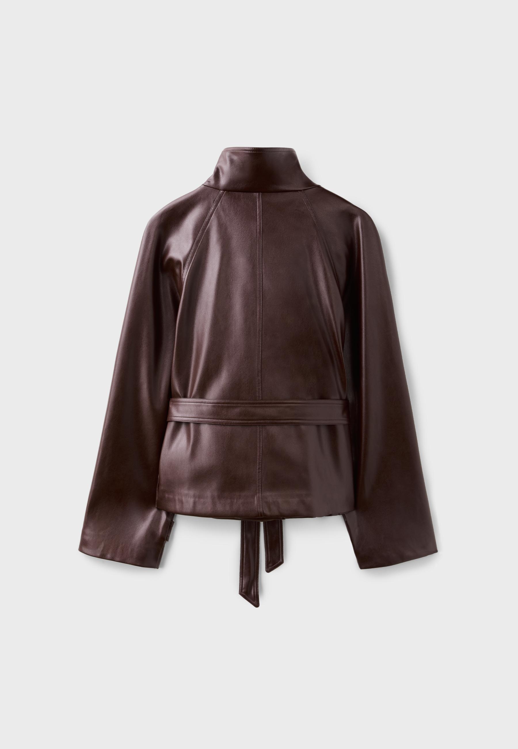 High neck leather effect trench coat — Brown