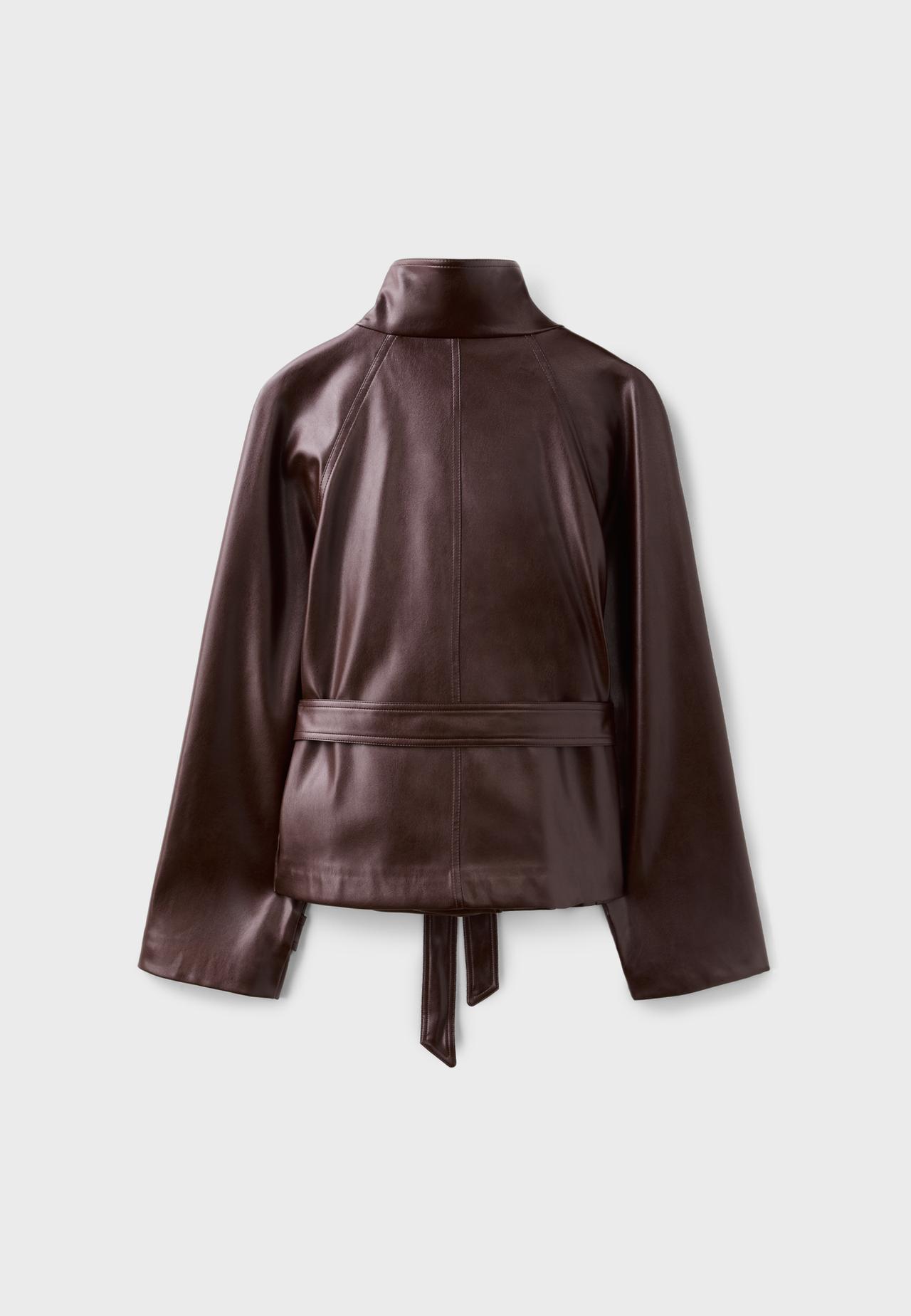 High neck leather effect trench coat — Brown