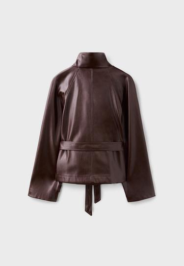 High neck leather effect trench coat — Brown 9