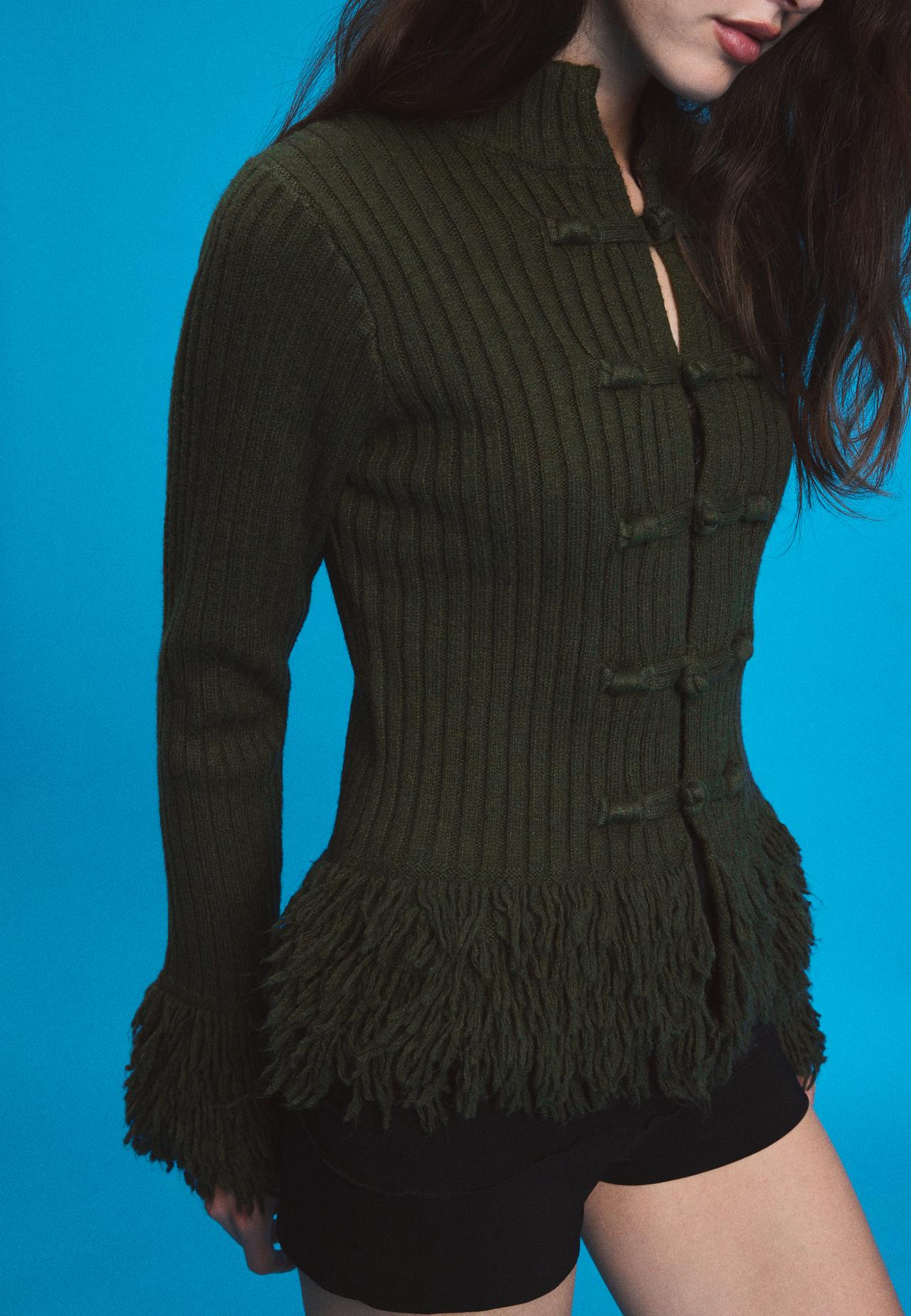 Fringed knit cardigan — Khaki