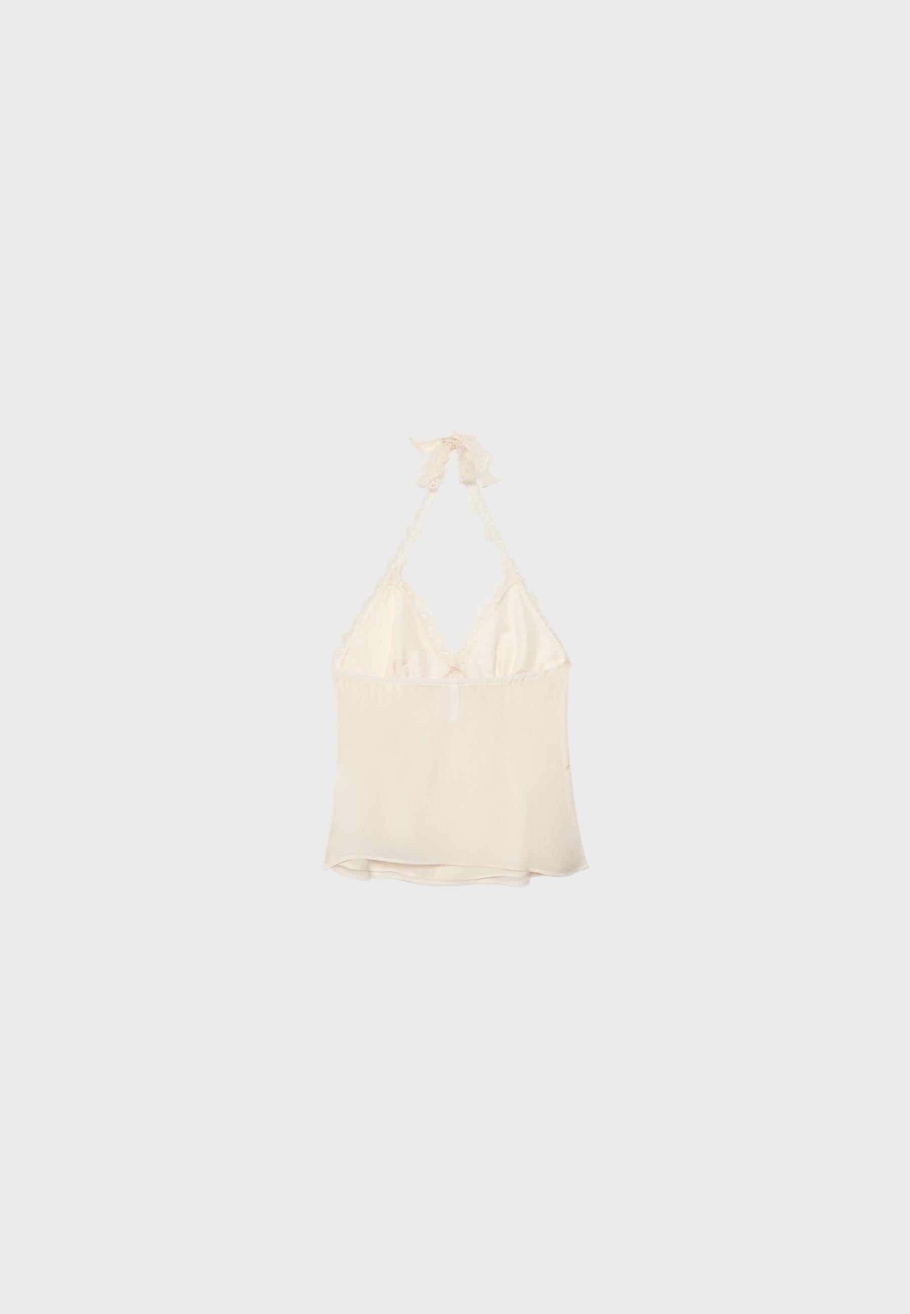 Halter neck top with lace trim — Ecru