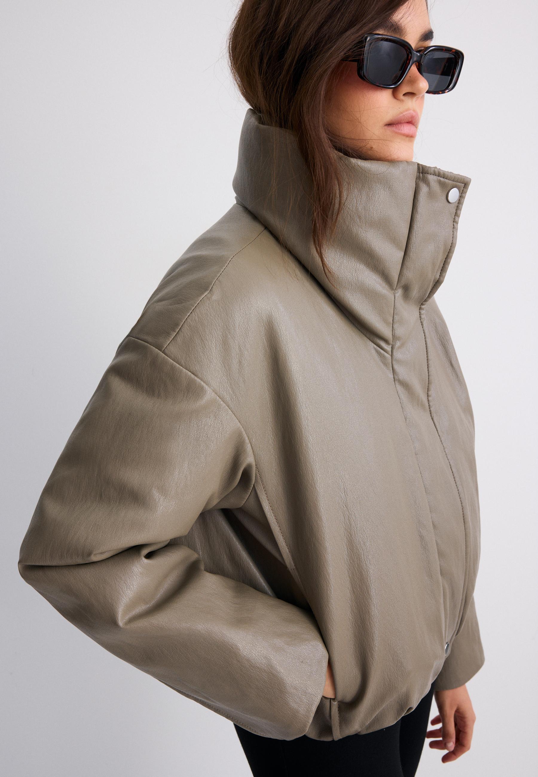 Leather effect high neck puffer jacket — Grey
