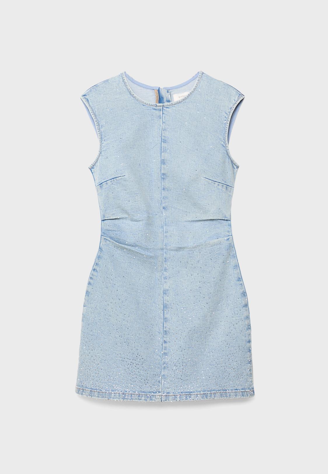 Stradivarius Short Denim Rhinestone Dress Medium Light Blue Denim M Stradivarius Short Denim Rhinestone Dress Medium Light Blue Denim M