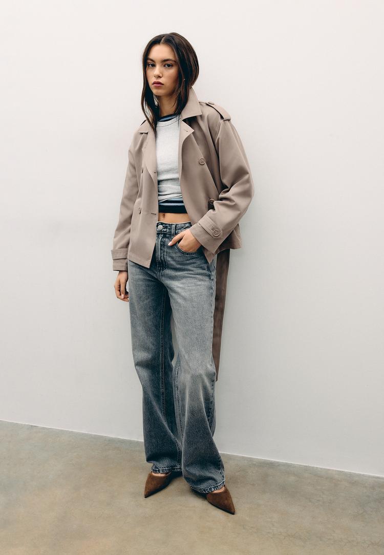 Stradivarius Trenci Scurt Fluid Cu Curea Bej Xs