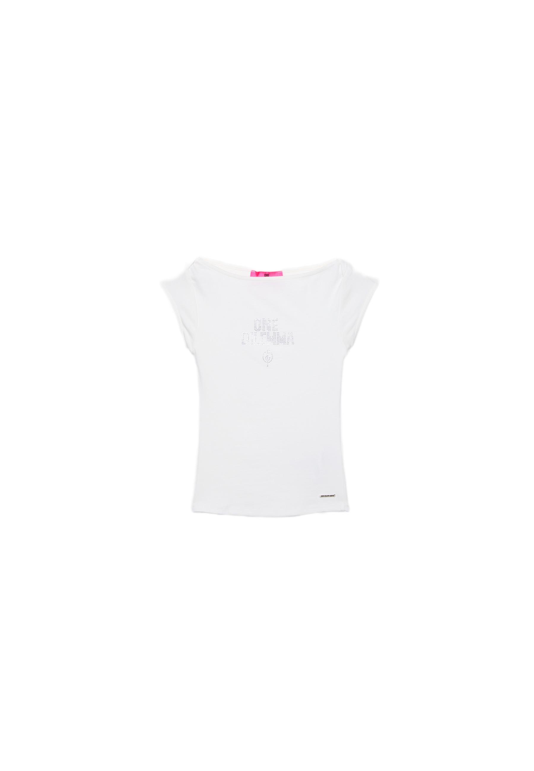 Boat neck short sleeve T-shirt with rhinestones One Dilemma — White