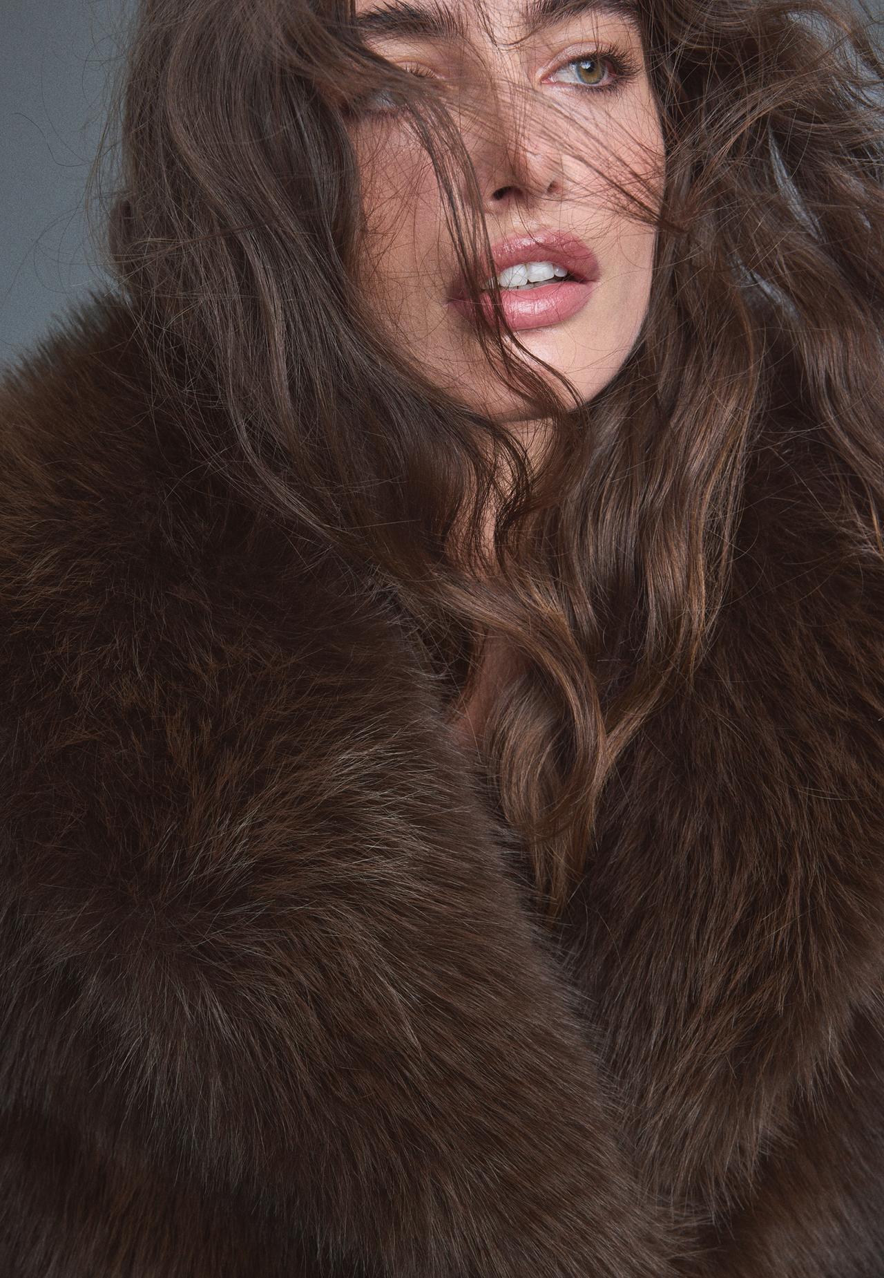 Faux fur shawl neck jacket — Brown
