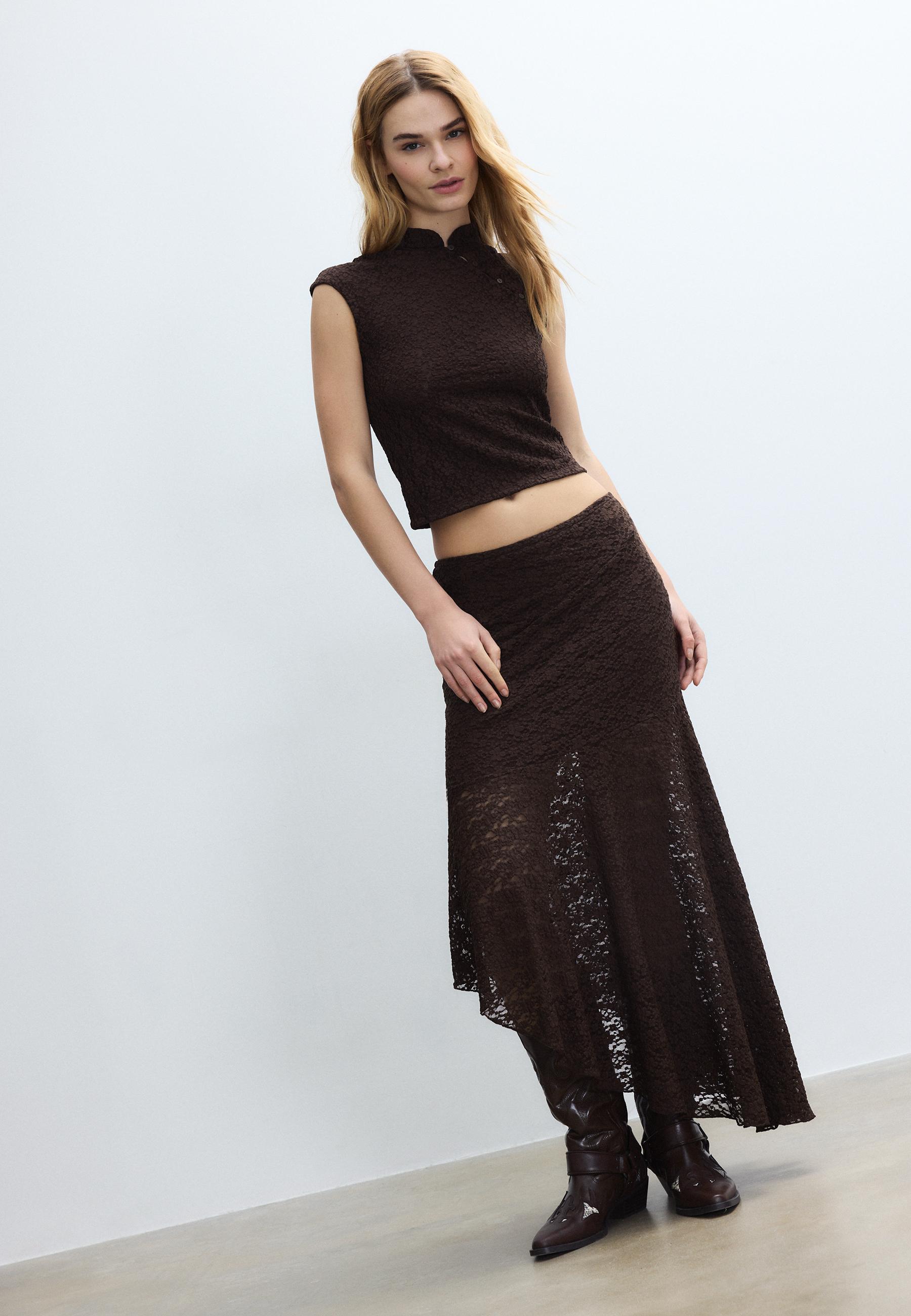 Asymmetric lace midi skirt — Brown
