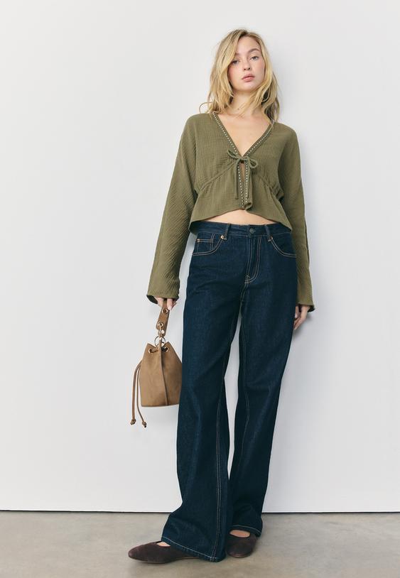 Stradivarius Open Studded Shirt Khaki S