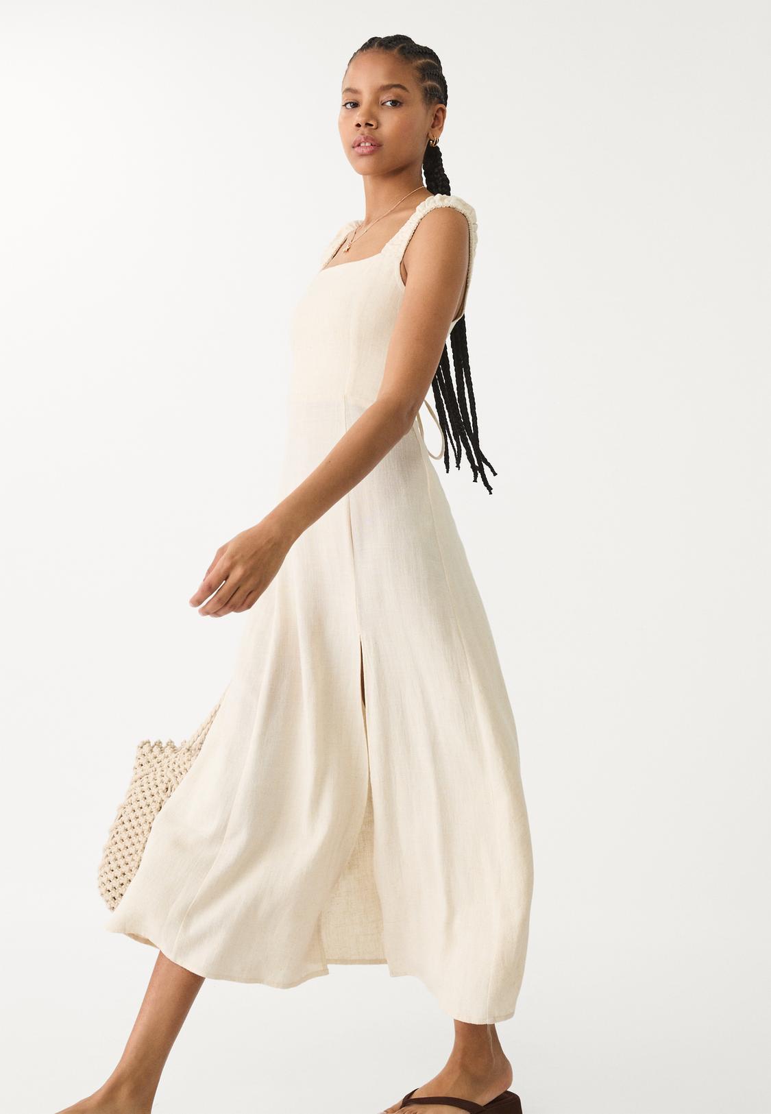 Vestito fluido midi incrociato sulla schiena con lino Moda da donna  Stradivarius Italia