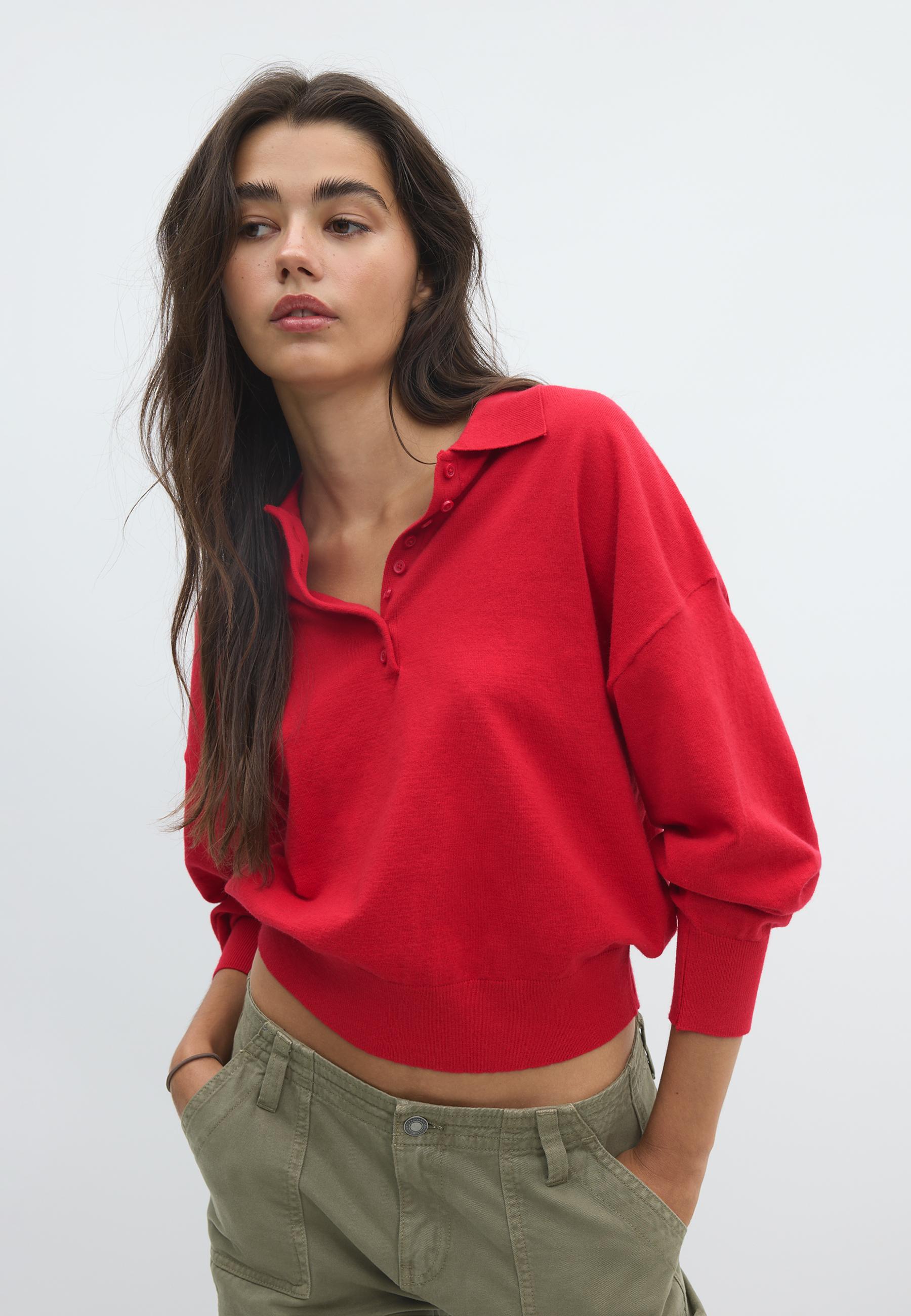 Polo collar knit sweater — Red
