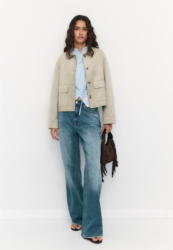 Stradivarius Faux Suede Jacket With Pockets Stone M