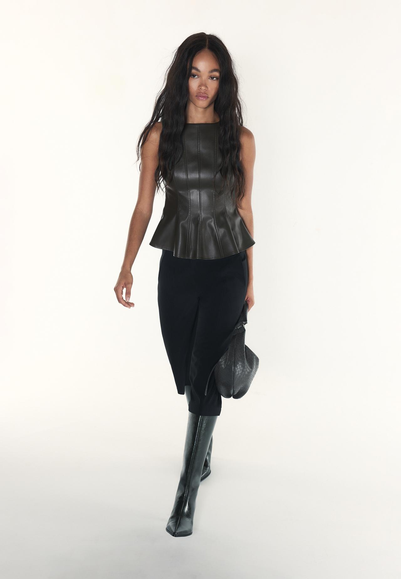 Leather effect peplum sleeveless top — Khaki