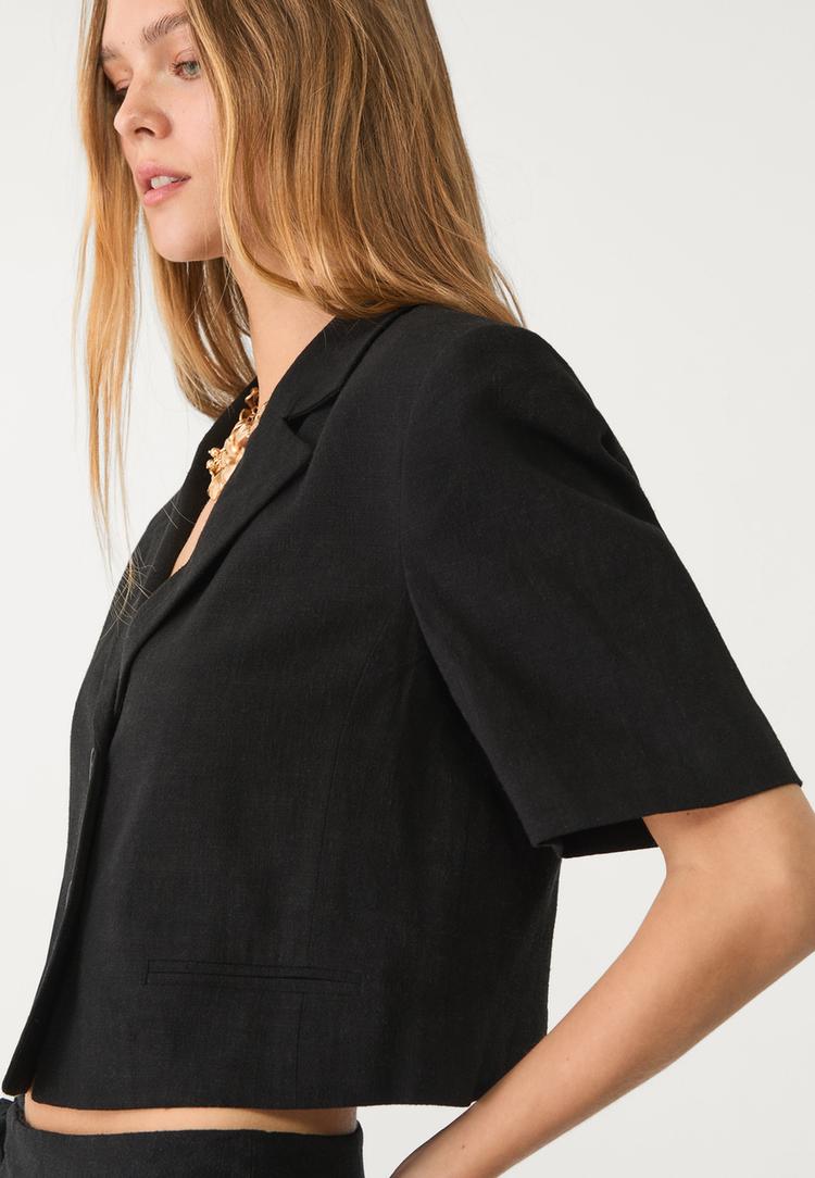 Ketenli kısa kollu crop ceket_6
