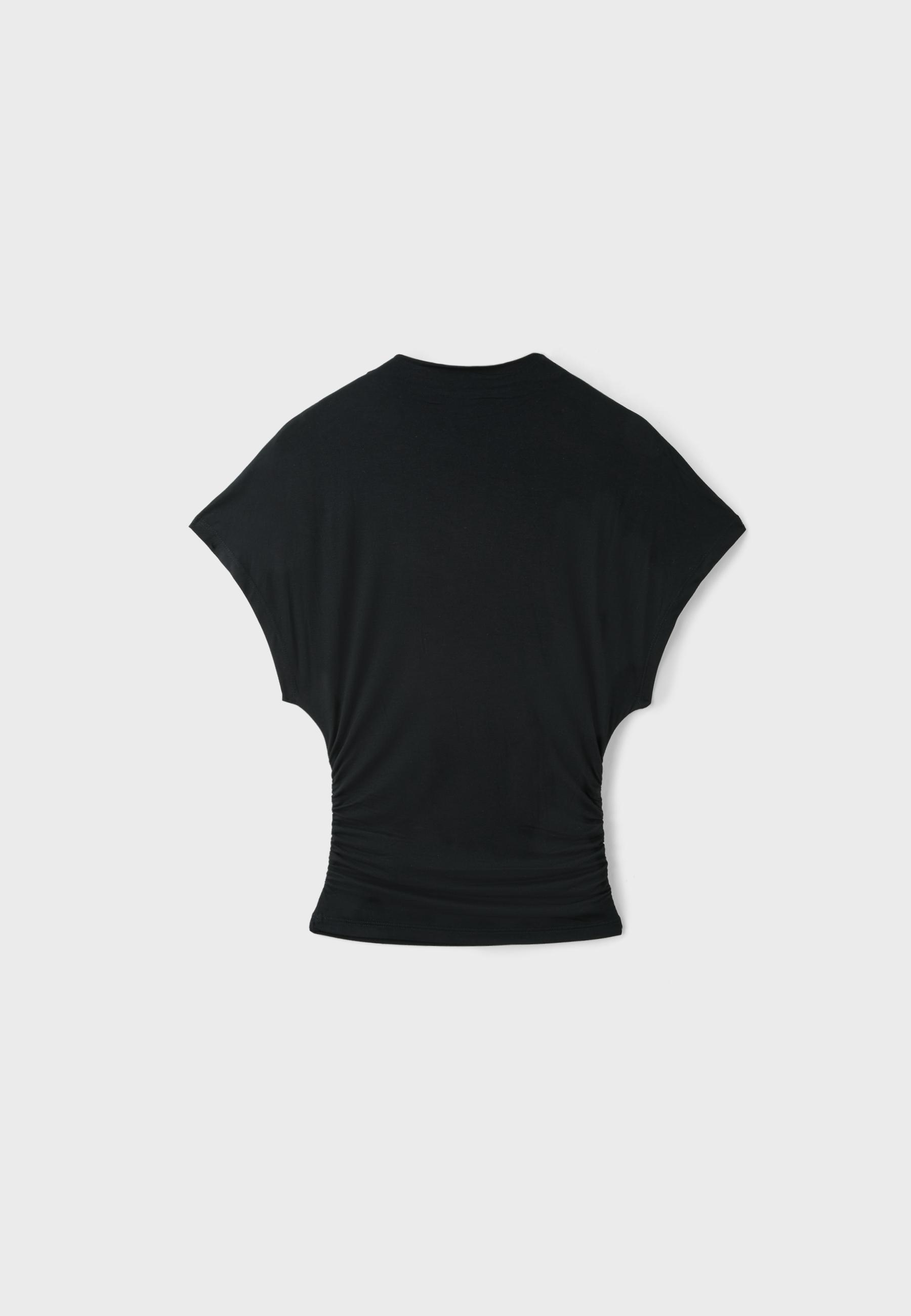 Short sleeve gathered mock neck T-shirt — Black
