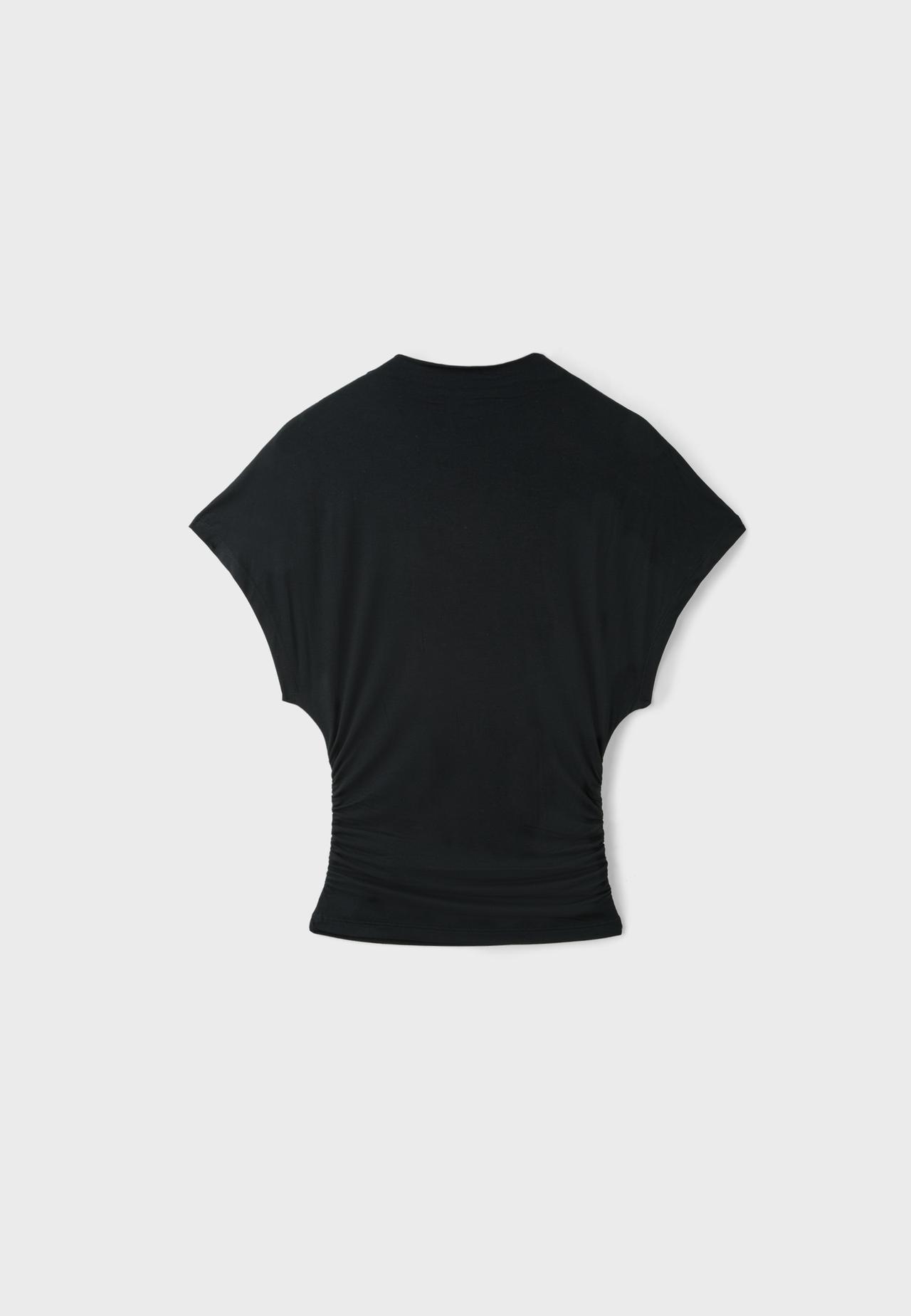 Short sleeve mock neck gathered top — Black