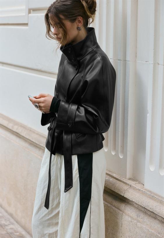 fitted leather effect trench coat