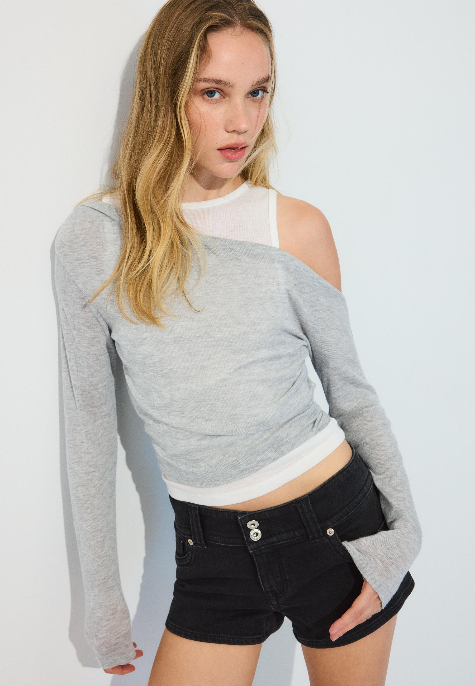 Asymmetric double T-shirt — Grey melange