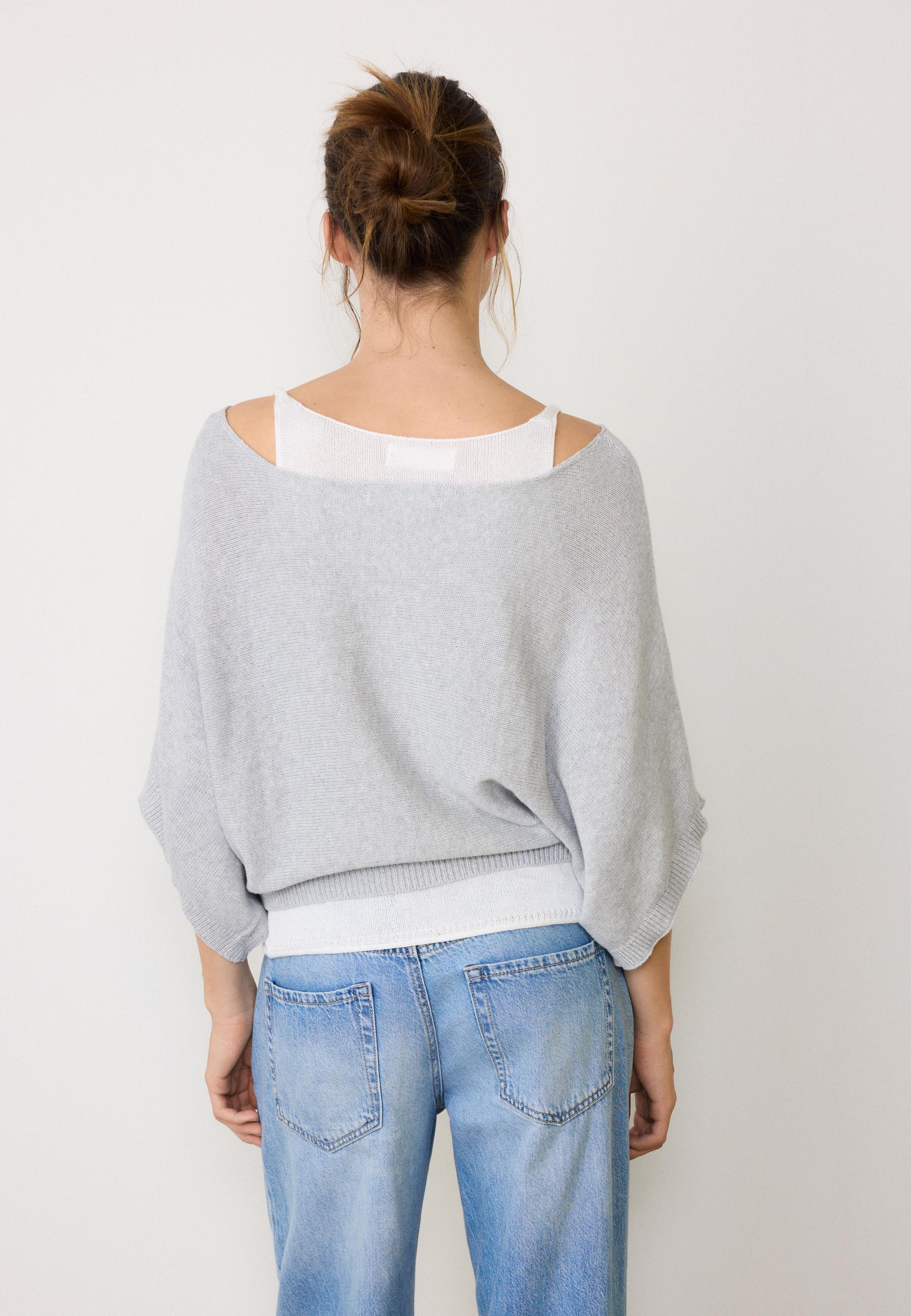 Boat neck knit jumper with overlay — Grey melange