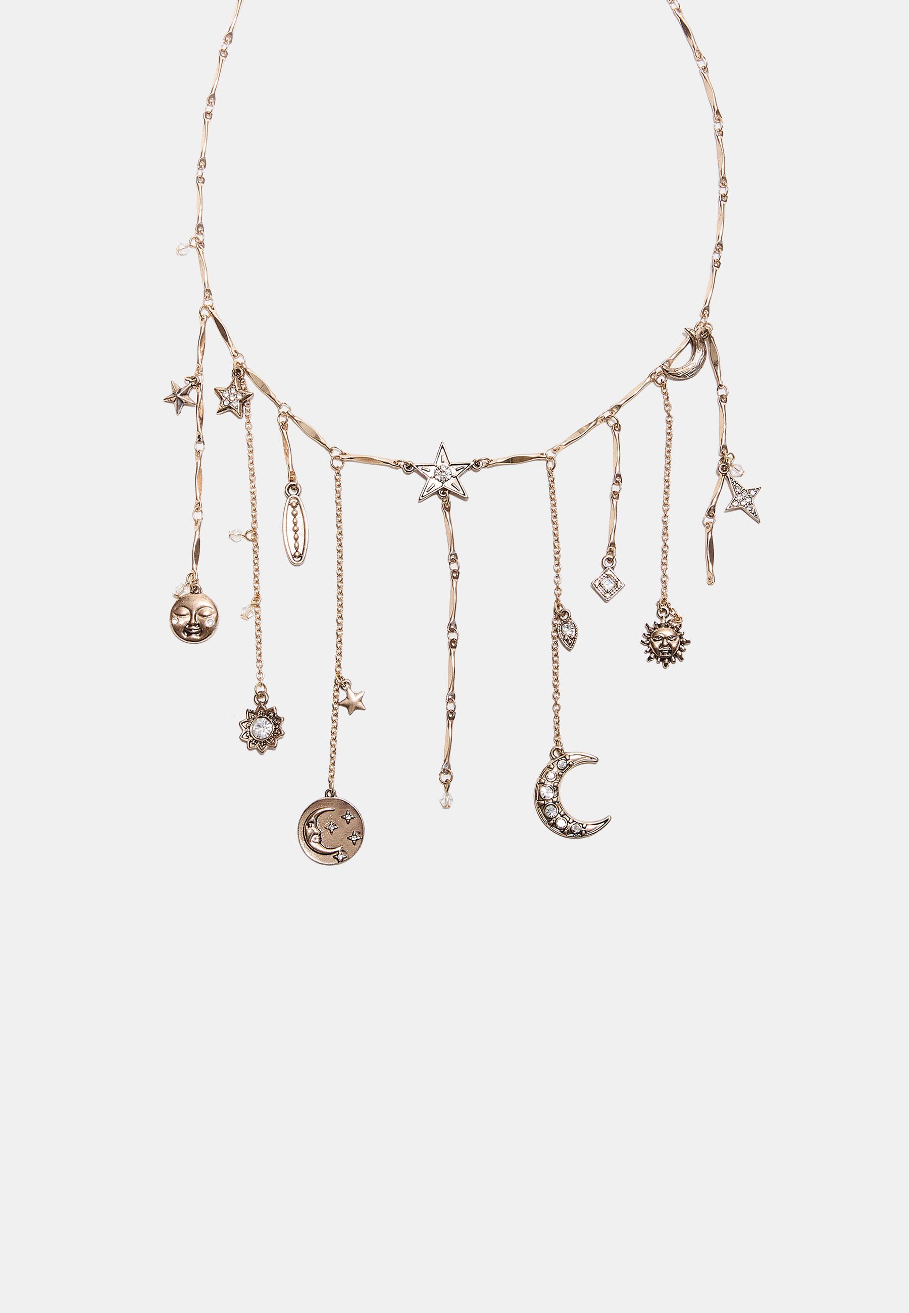 Stradivarius Κολιέ Με Charms Φεγγάρι Και Αστέρι Χρυσαφί Os