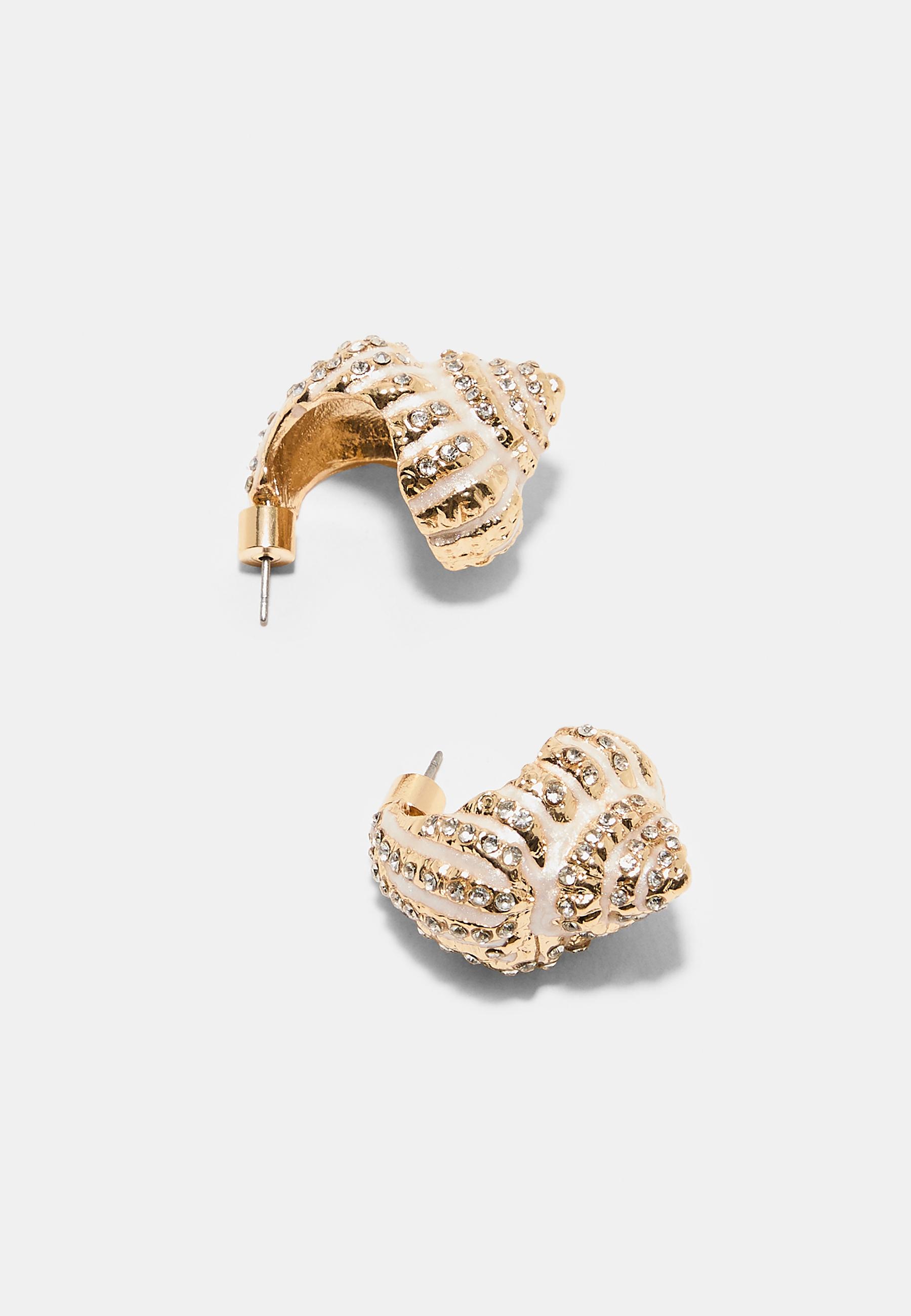 Seashell rhinestone hoop earrings — Ecru