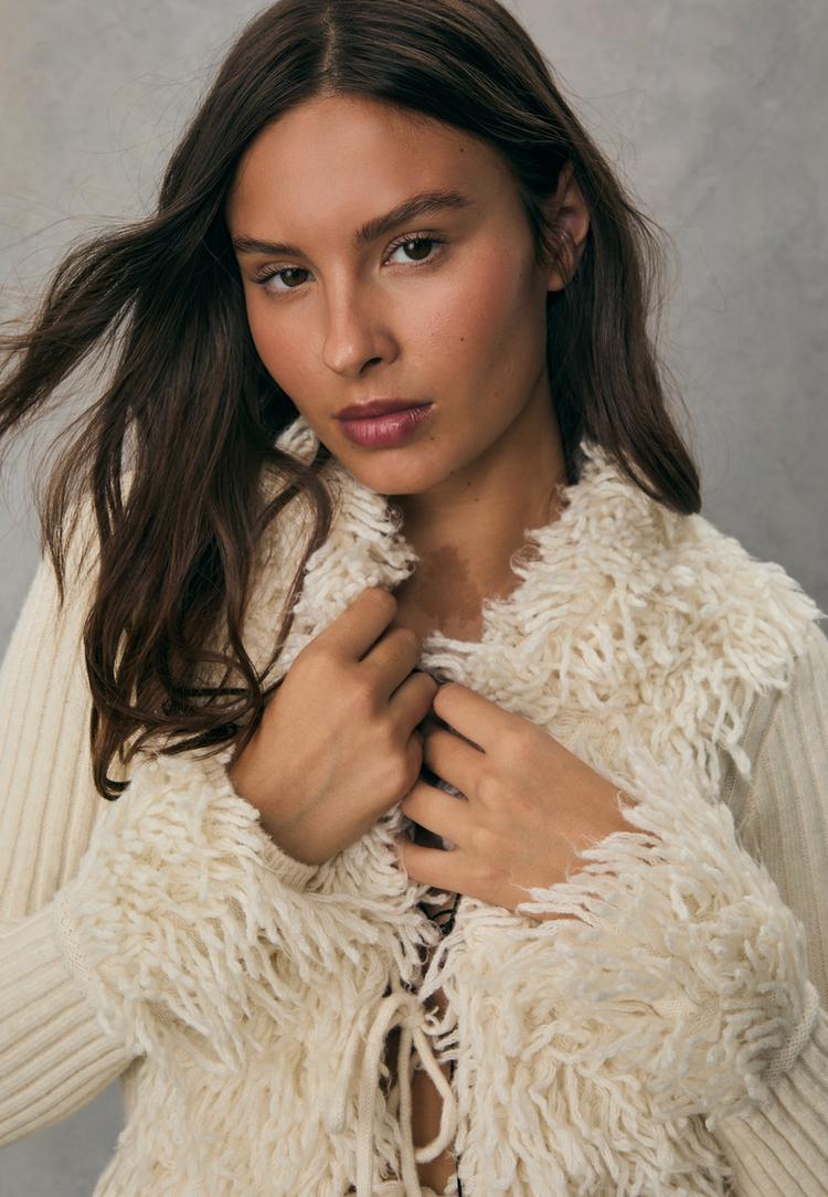 faux fur knit cardigan with tie