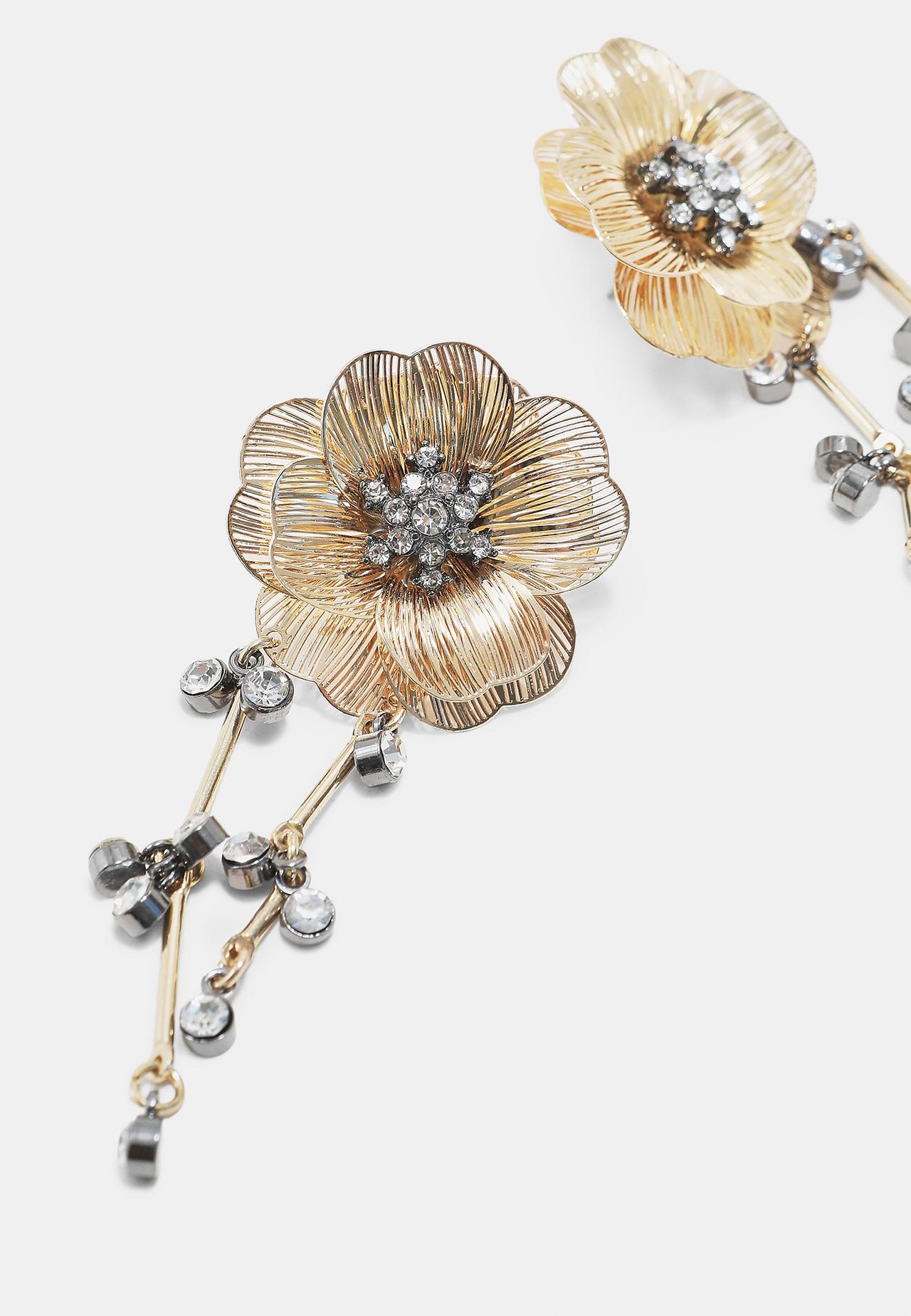 Long rhinestone flower earrings — Gold