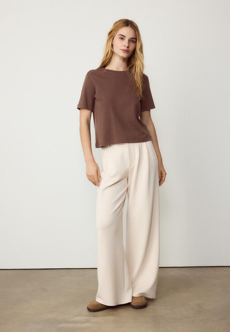 Stradivarius Μπλούζα Basic Regular Fit Heavy Weight Καφέ M