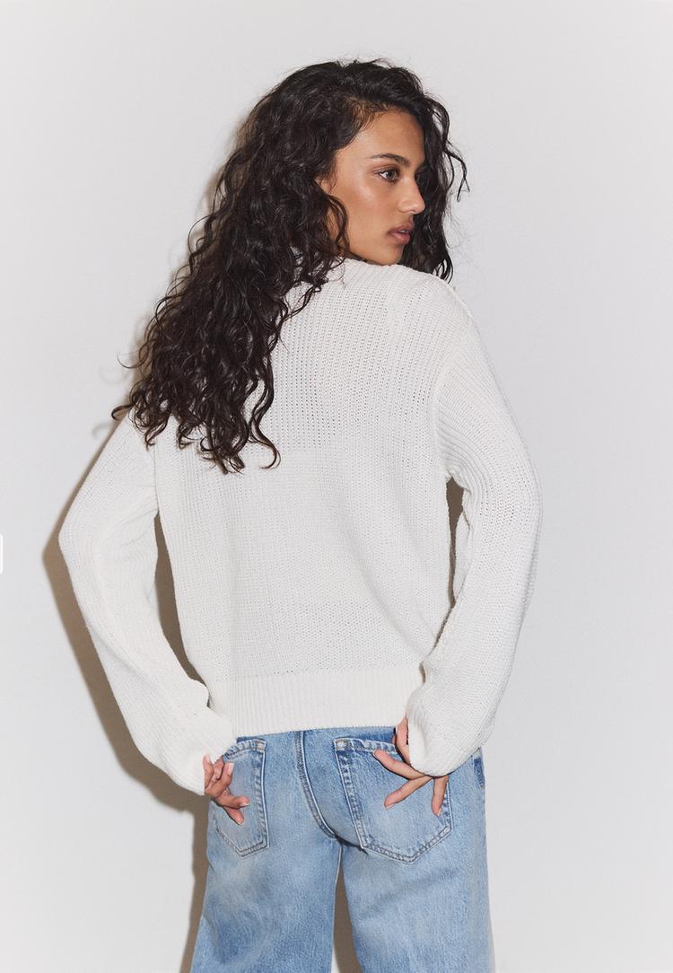 Stradivarius Πλεκτή Ζακέτα Με Κουμπιά Εκρού M φωτογραφία