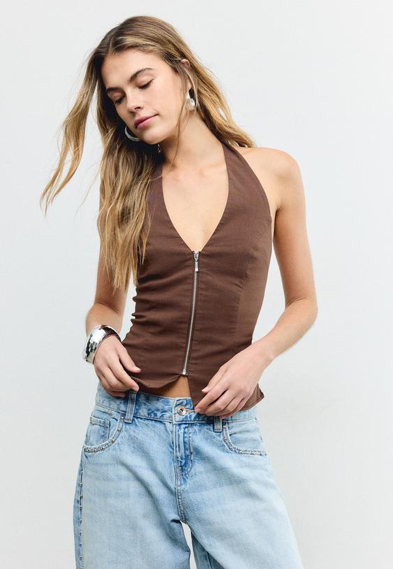 Stradivarius Halterneck Bengaline Top Brown M