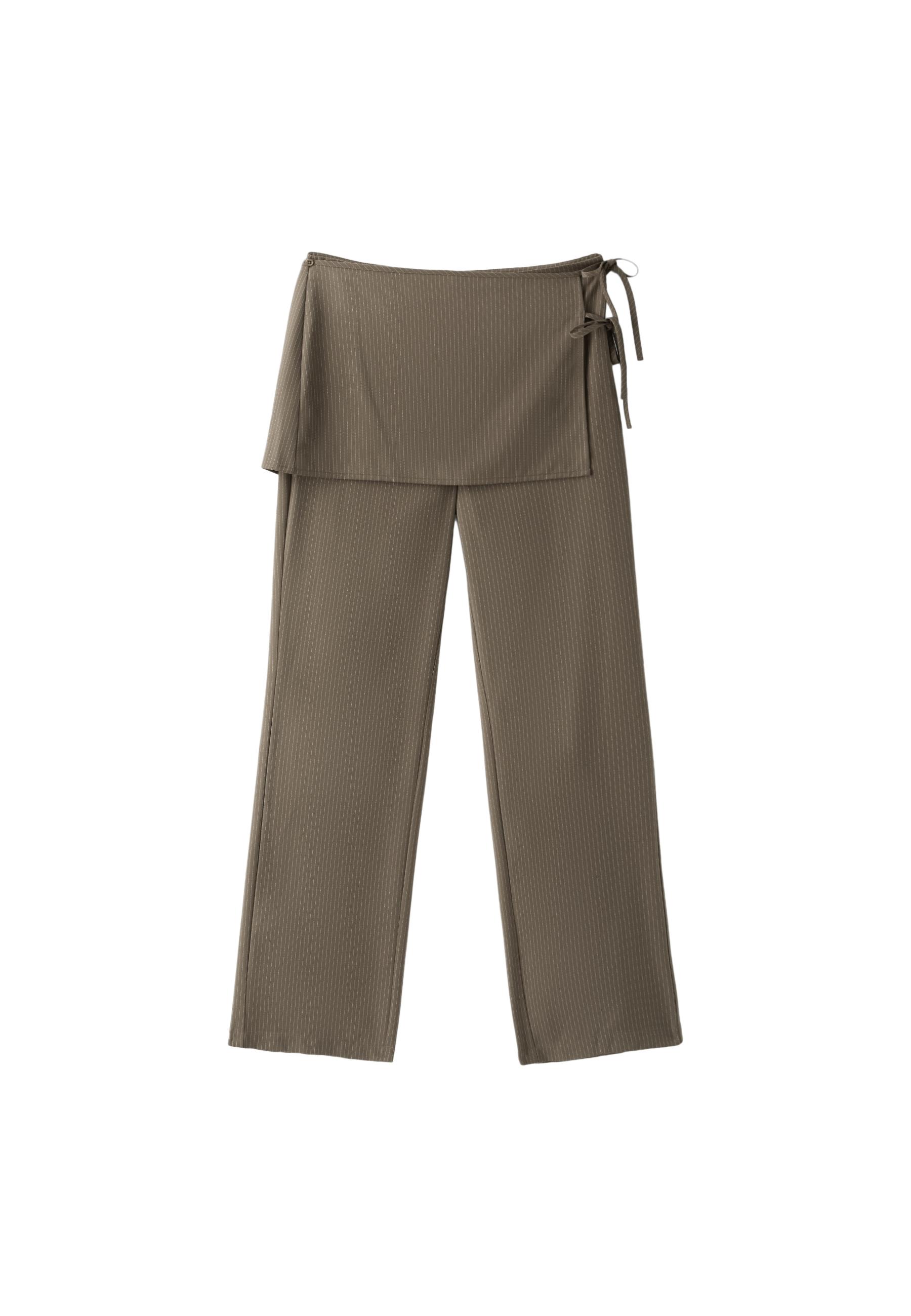 Striped straight-leg trousers with skirt overlay — Khaki