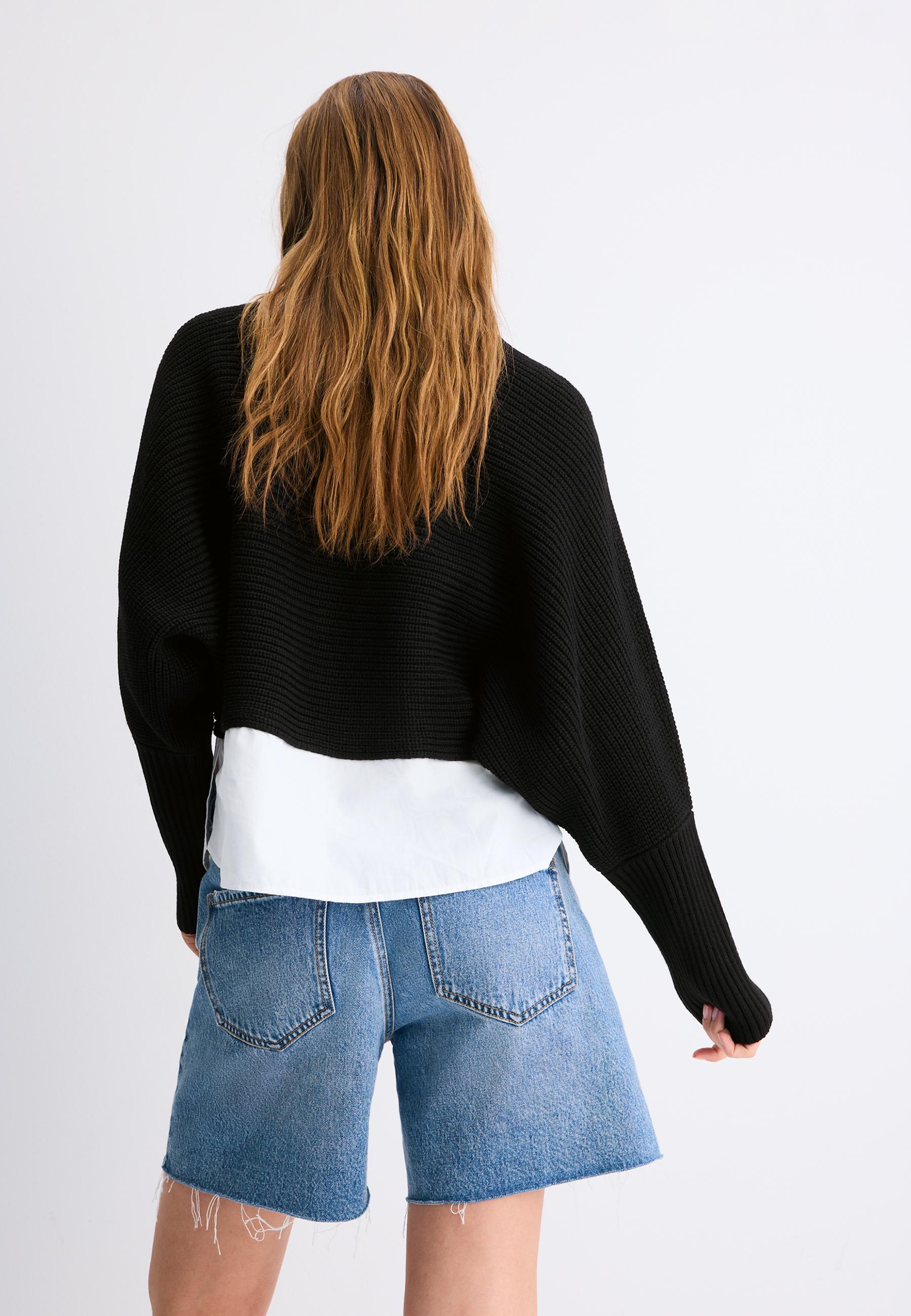 Mixed-fabric batwing knit jumper — Black