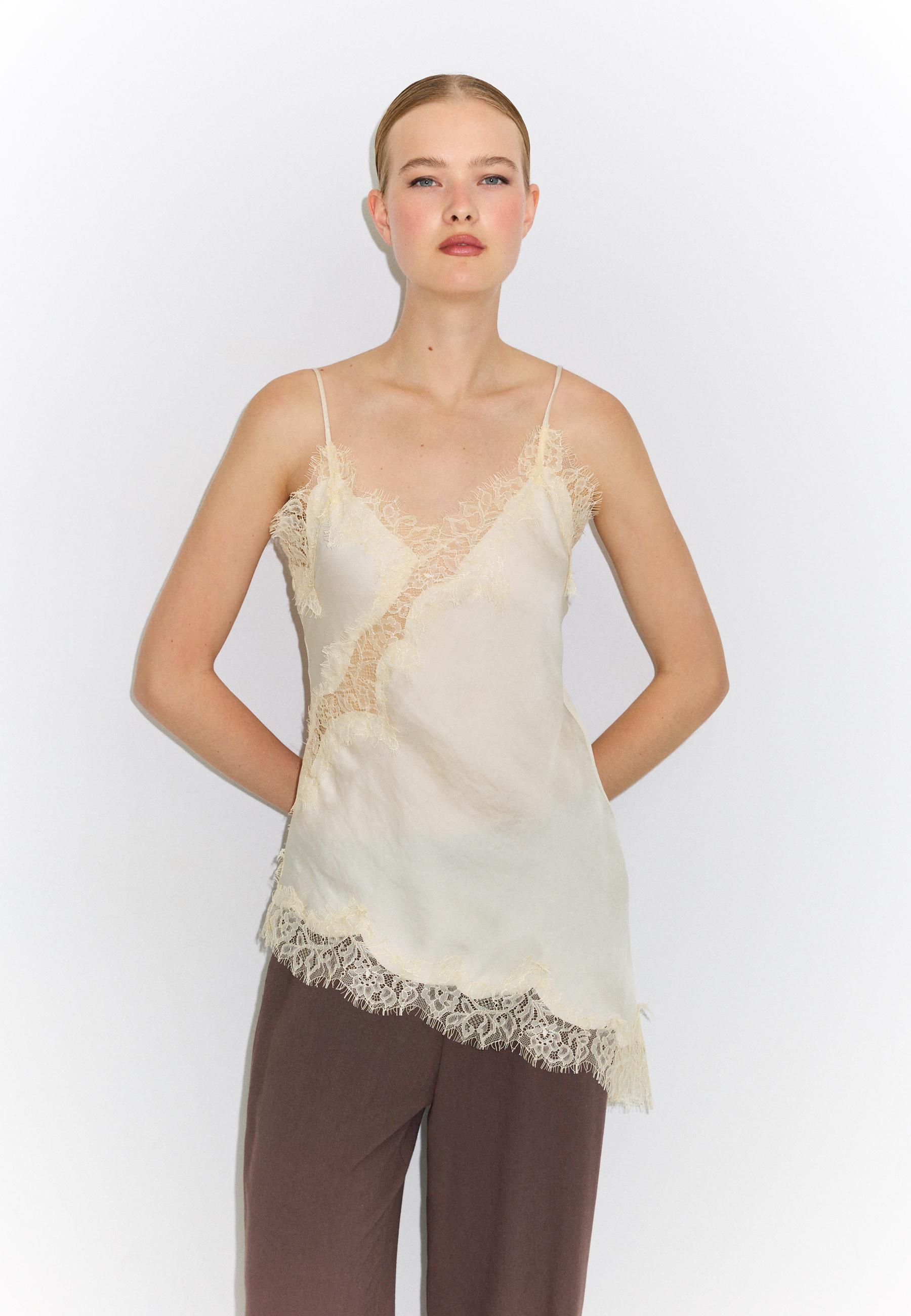 Asymmetric lace camisole top — Ecru