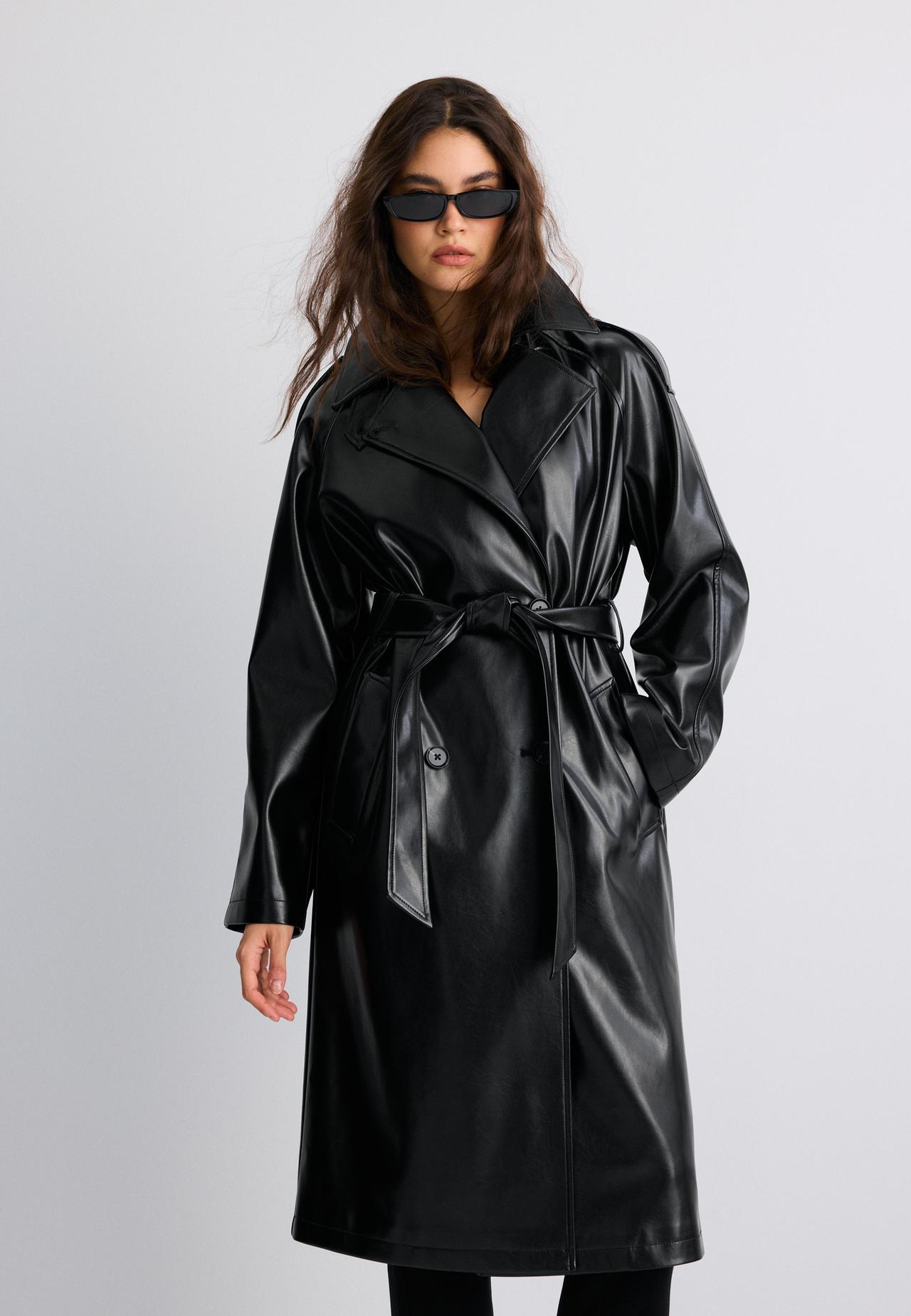 Long leather effect trench coat — Black