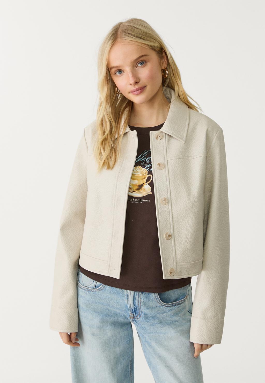 Leather effect buttoned jacket